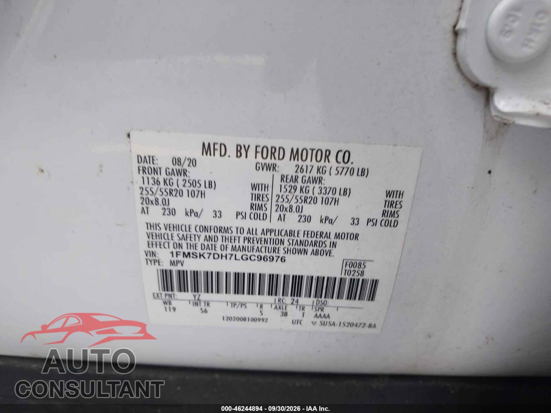 FORD EXPLORER 2020 - 1FMSK7DH7LGC96976