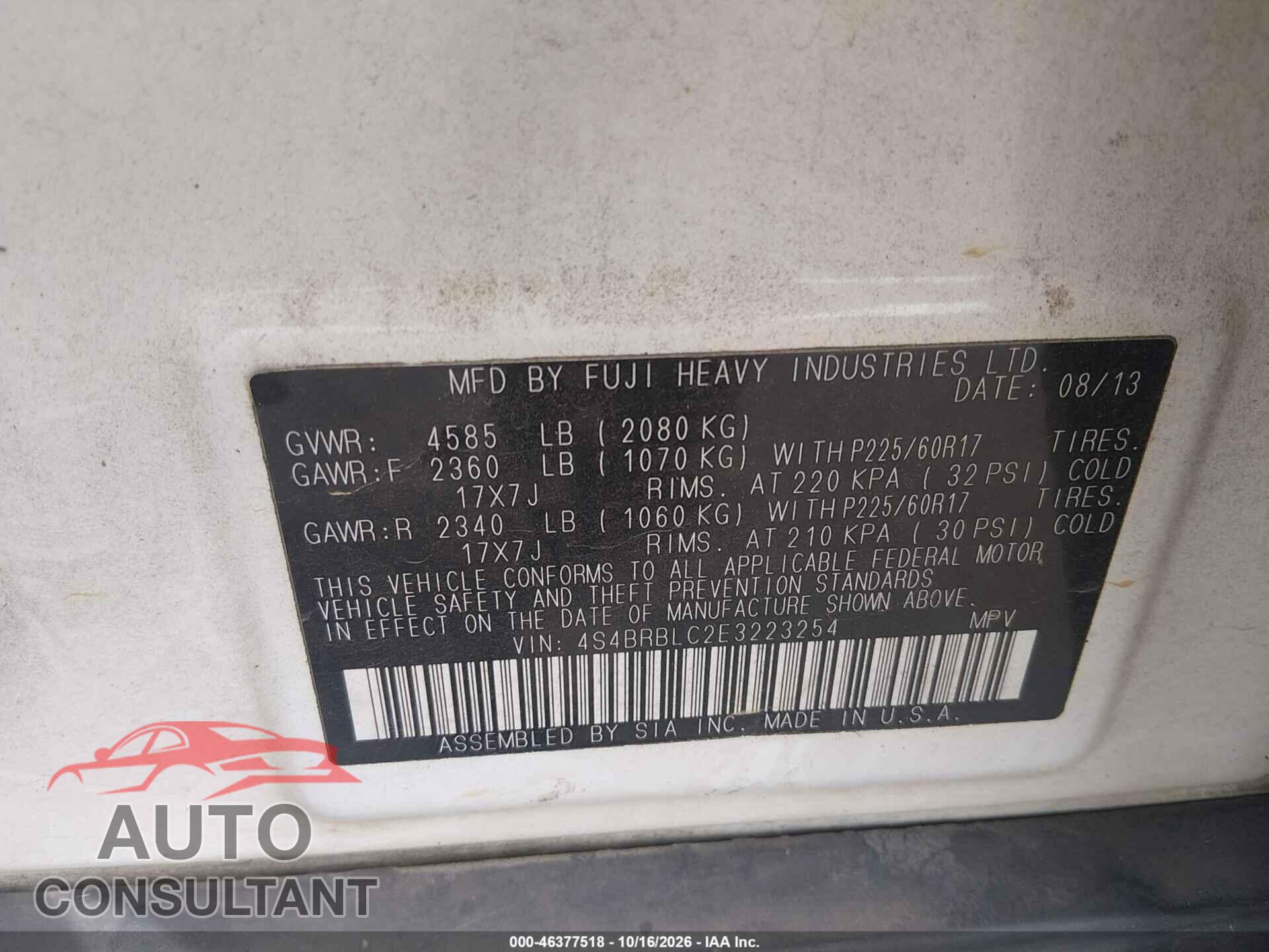 SUBARU OUTBACK 2014 - 4S4BRBLC2E3223254