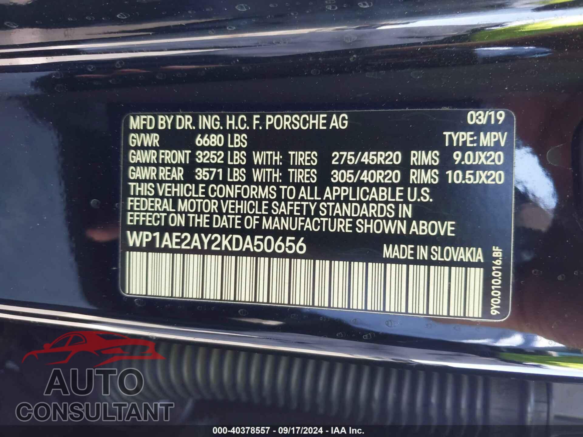 PORSCHE CAYENNE E-HYBRID 2019 - WP1AE2AY2KDA50656