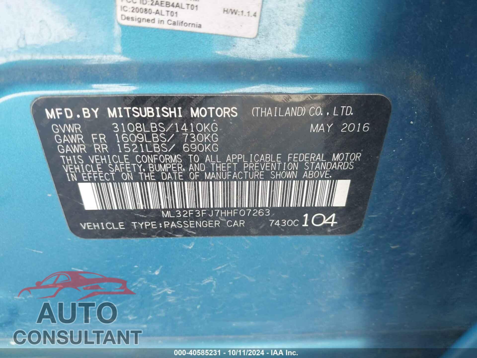 MITSUBISHI MIRAGE G4 2017 - ML32F3FJ7HHF07263