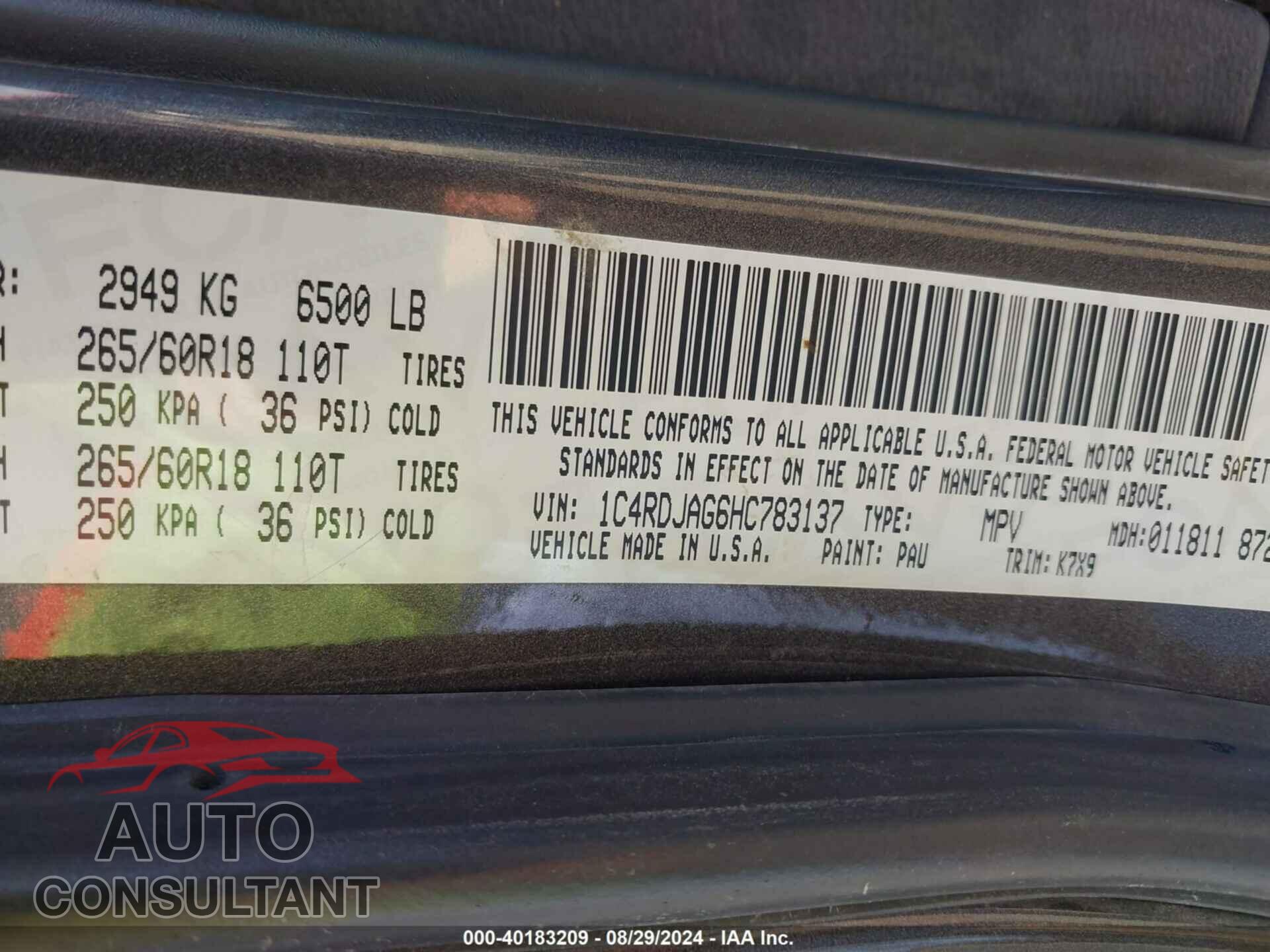 DODGE DURANGO 2017 - 1C4RDJAG6HC783137