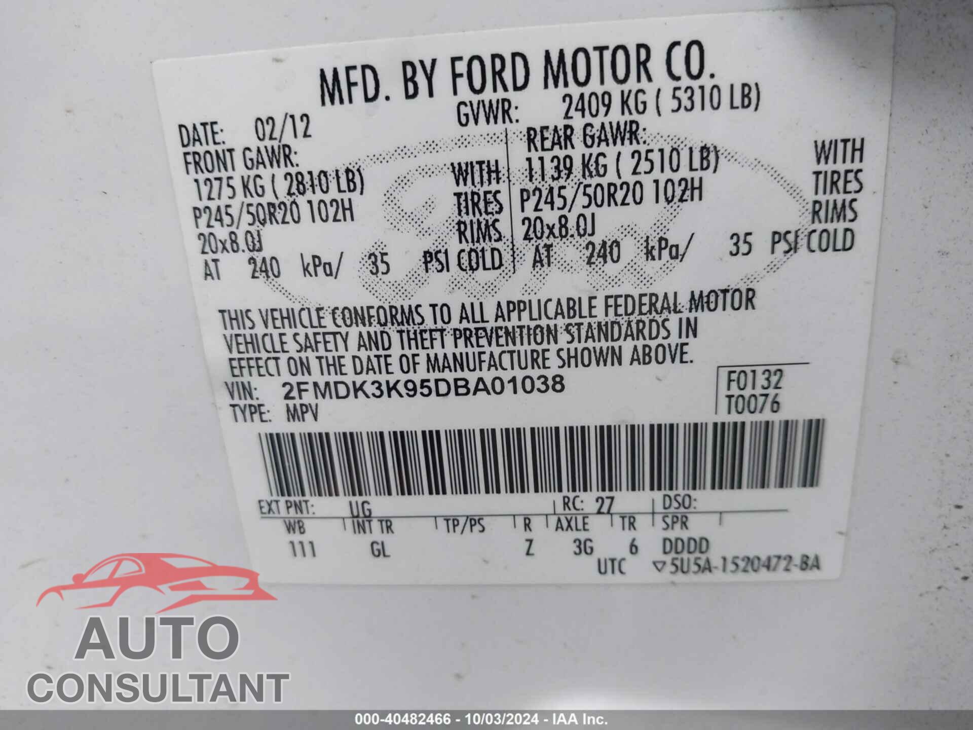 FORD EDGE 2013 - 2FMDK3K95DBA01038