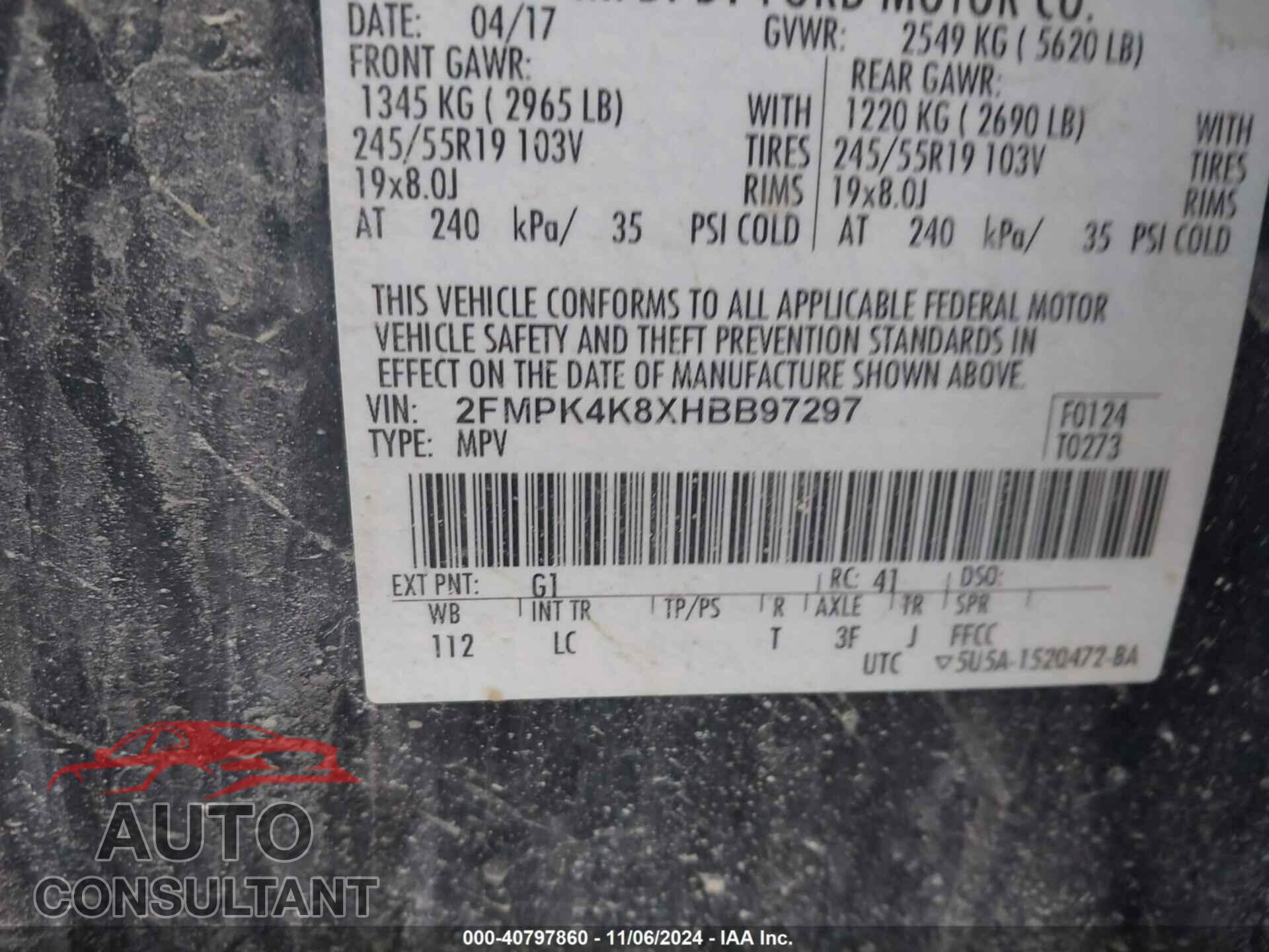FORD EDGE 2017 - 2FMPK4K8XHBB97297