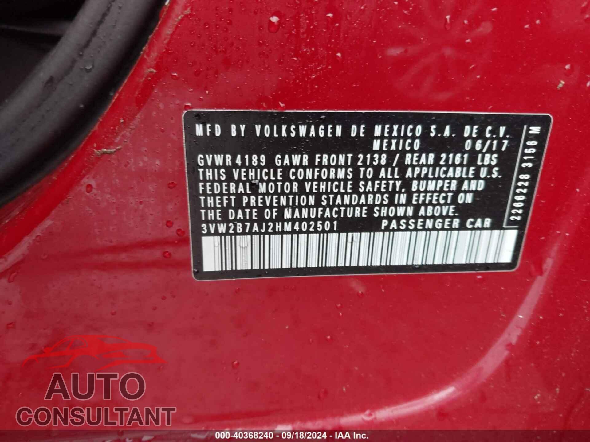 VOLKSWAGEN JETTA 2017 - 3VW2B7AJ2HM402501