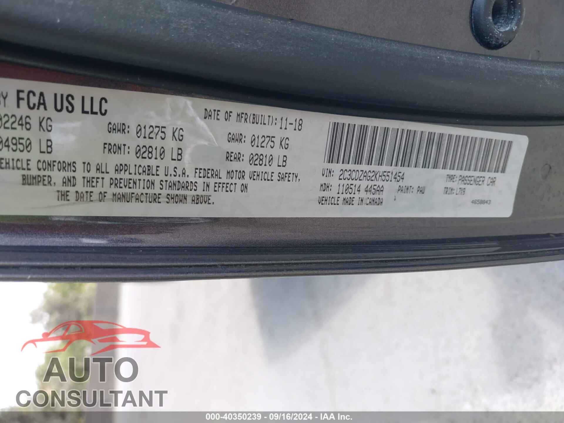 DODGE CHALLENGER 2019 - 2C3CDZAG2KH551454