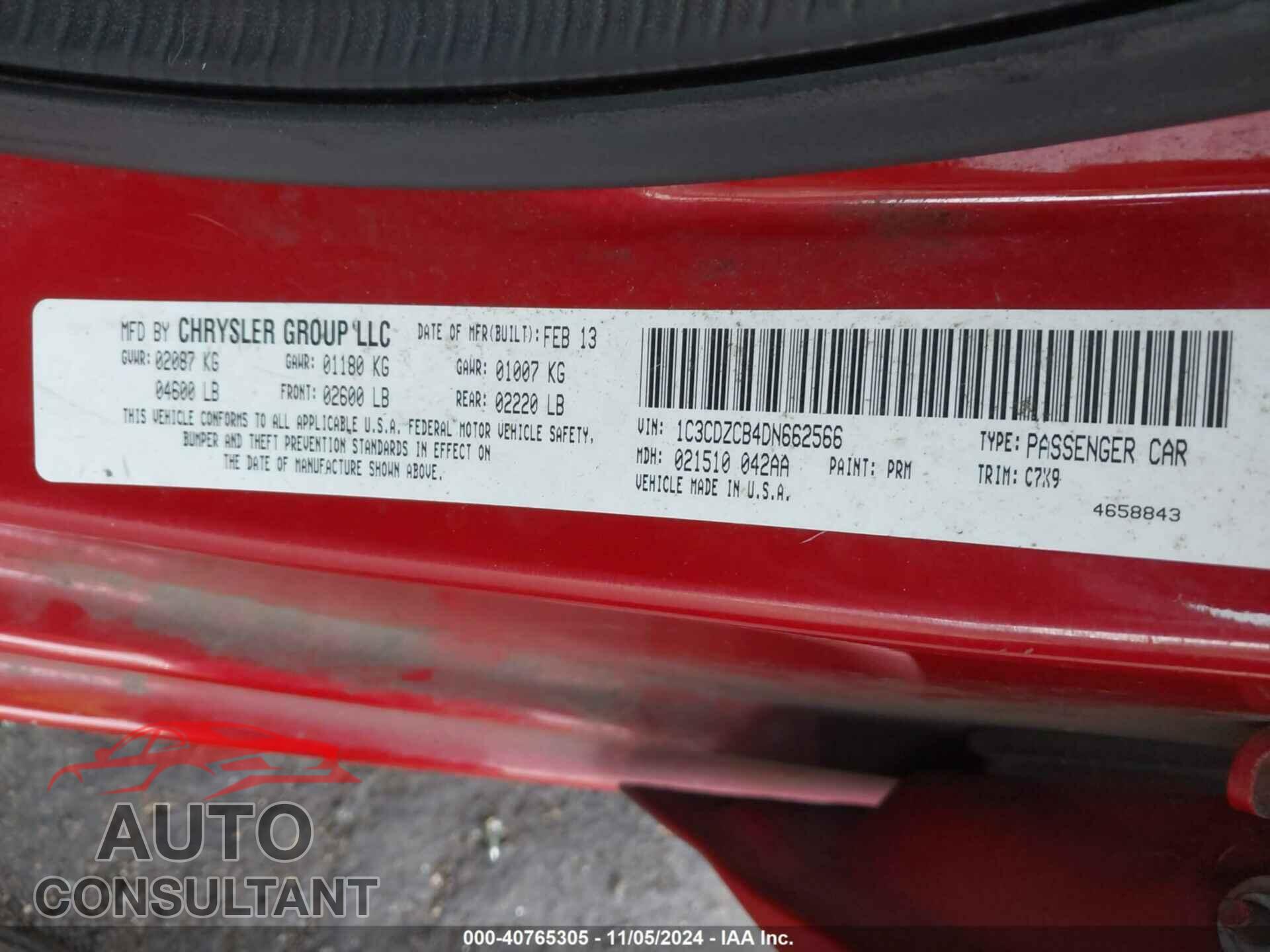 DODGE AVENGER 2013 - 1C3CDZCB4DN662566