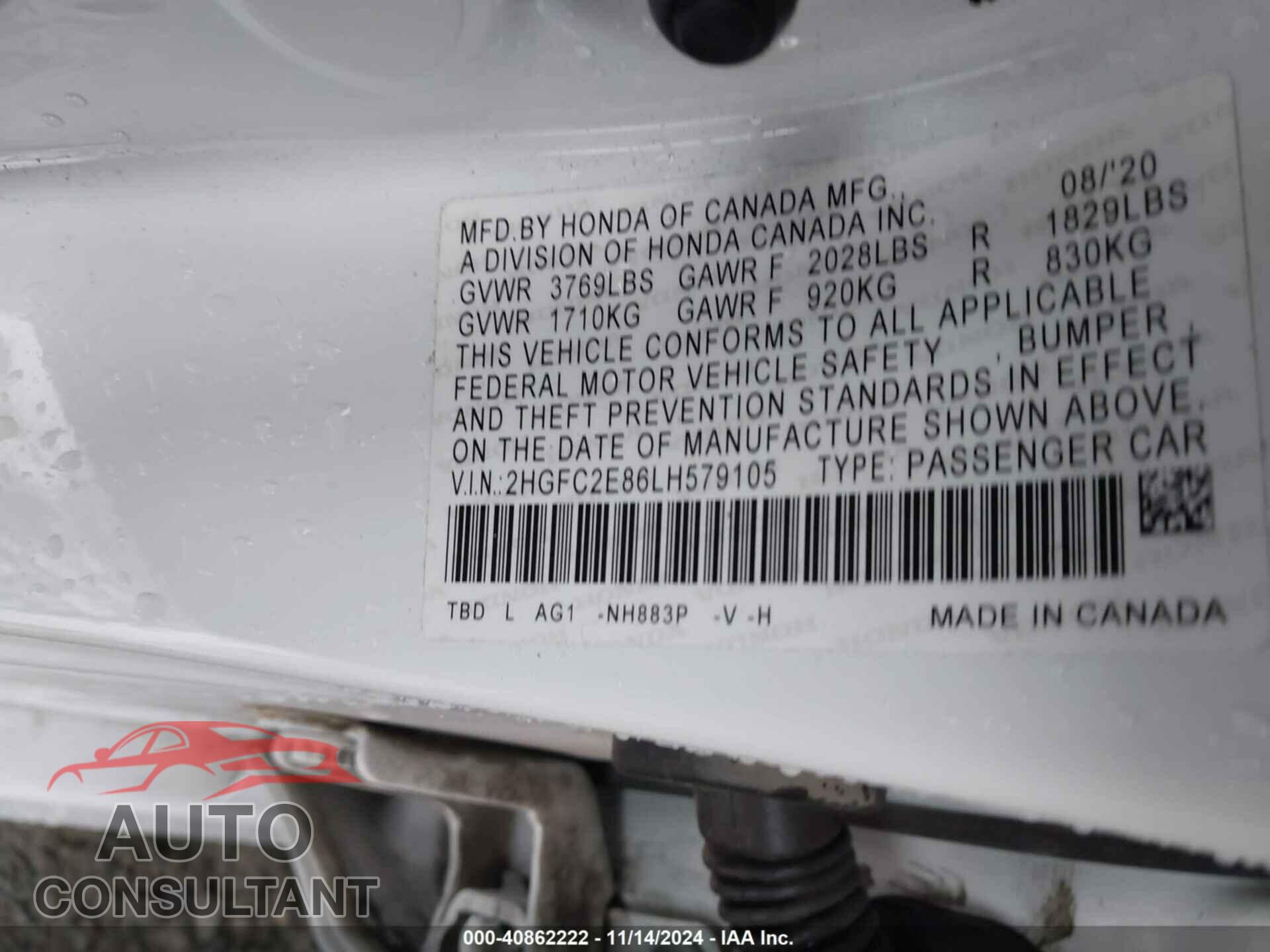 HONDA CIVIC 2020 - 2HGFC2E86LH579105