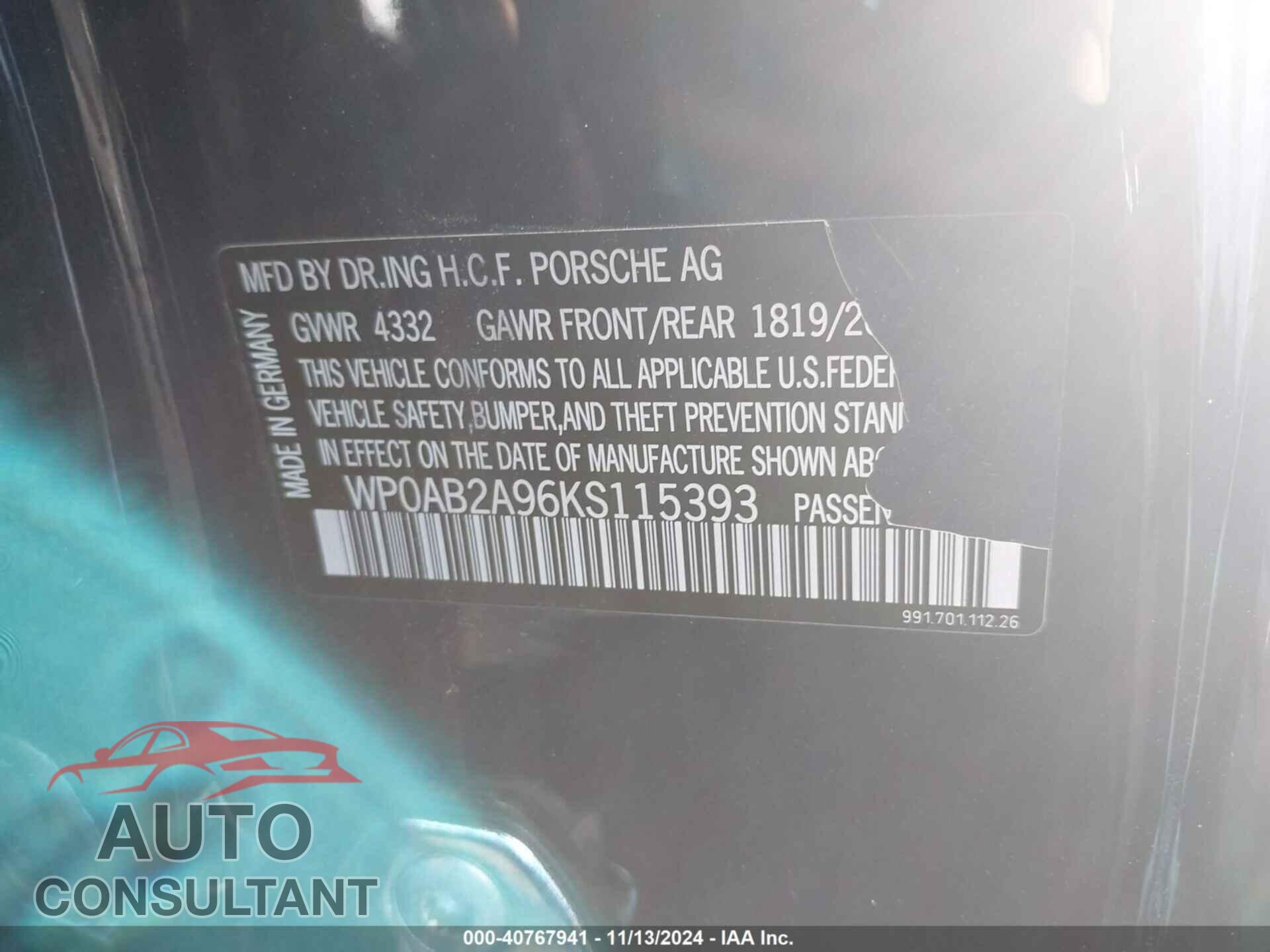 PORSCHE 911 2019 - WP0AB2A96KS115393