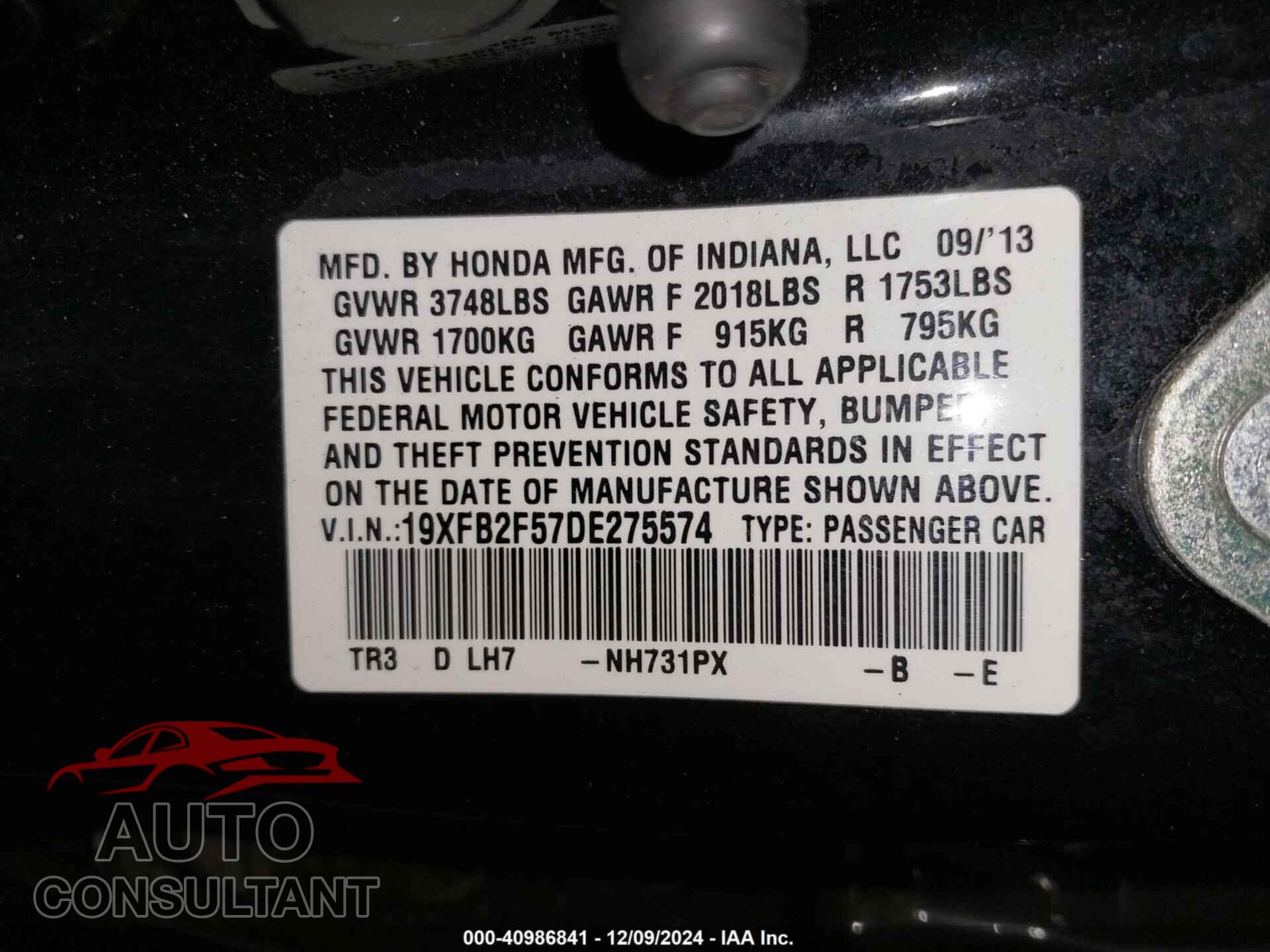 HONDA CIVIC 2013 - 19XFB2F57DE275574