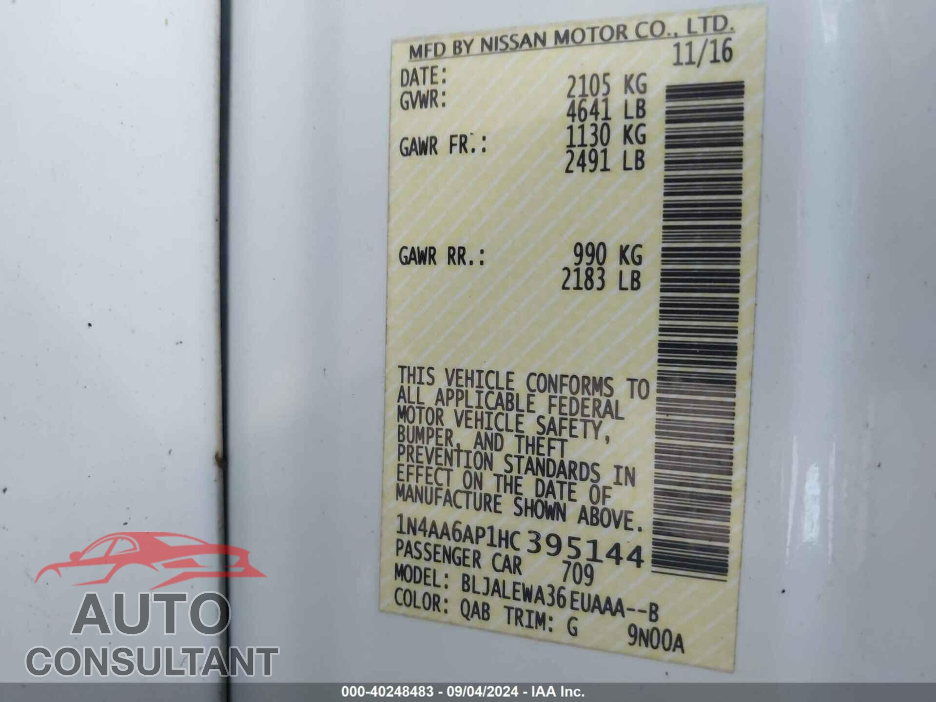 NISSAN MAXIMA 2017 - 1N4AA6AP1HC395144