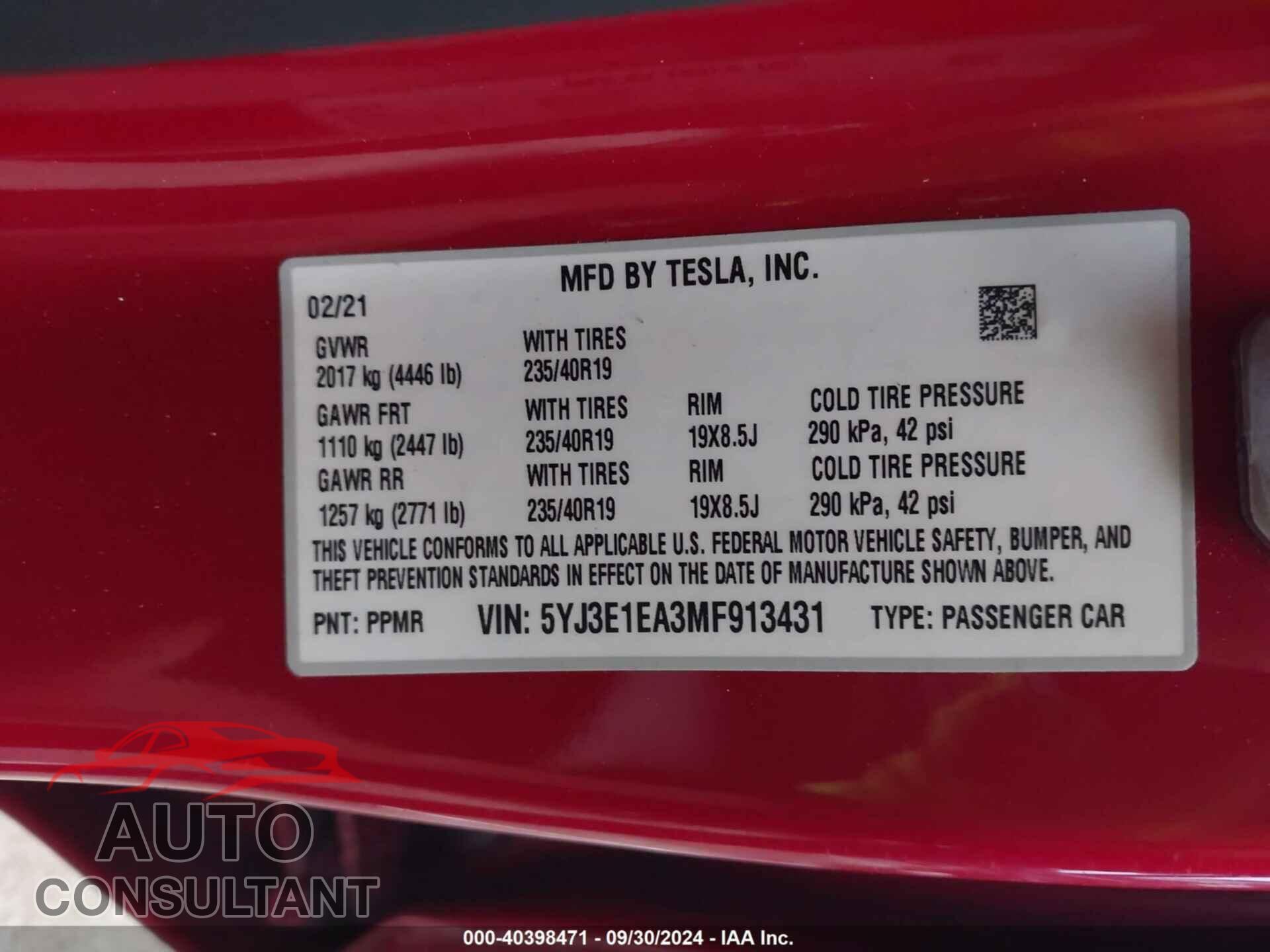 TESLA MODEL 3 2021 - 5YJ3E1EA3MF913431