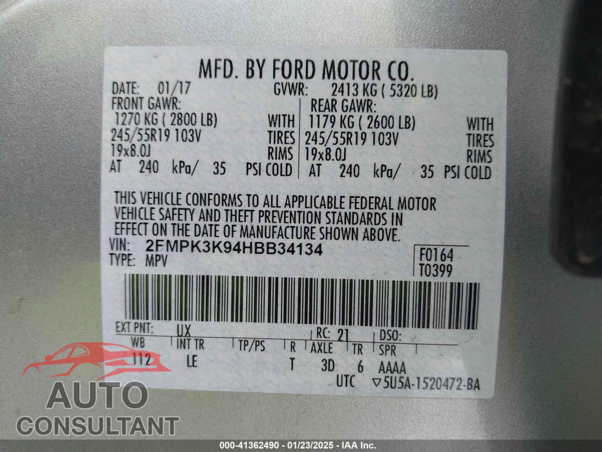 FORD EDGE 2017 - 2FMPK3K94HBB34134