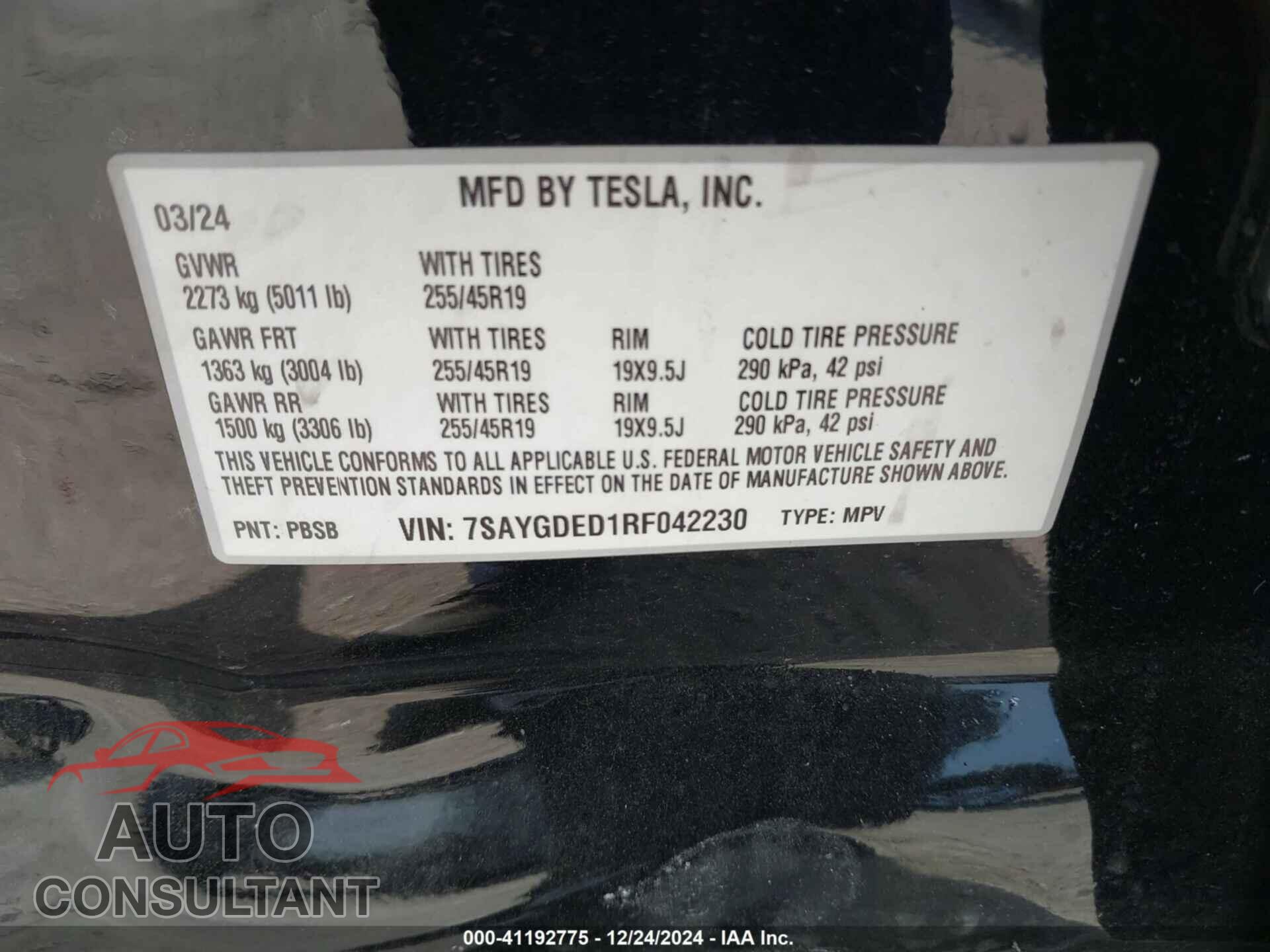 TESLA MODEL Y 2024 - 7SAYGDED1RF042230