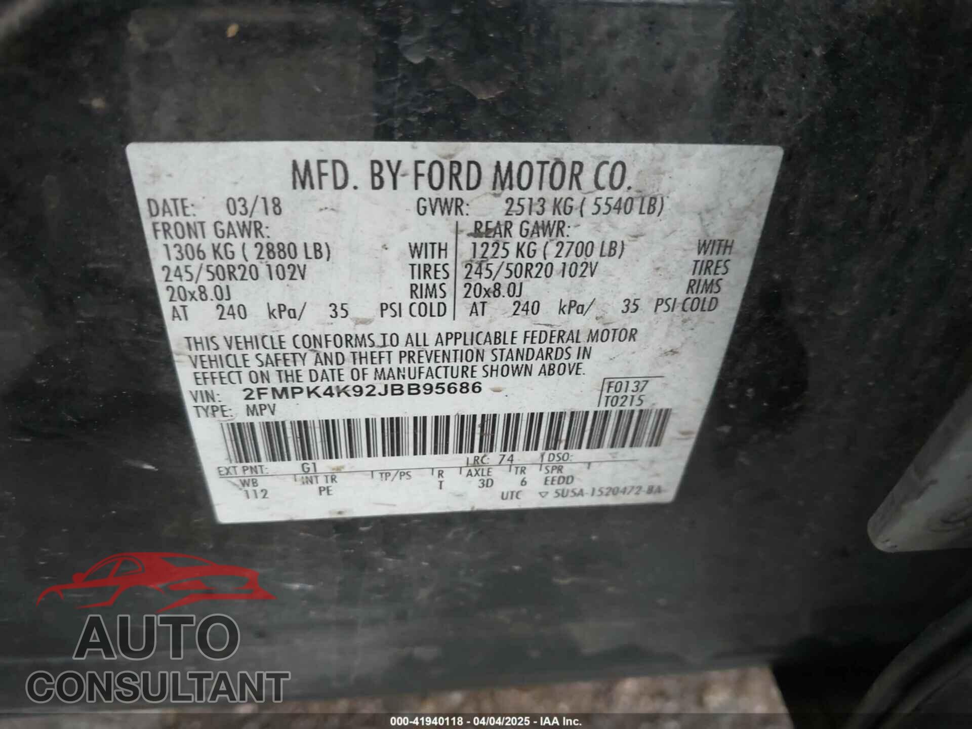 FORD EDGE 2018 - 2FMPK4K92JBB95686