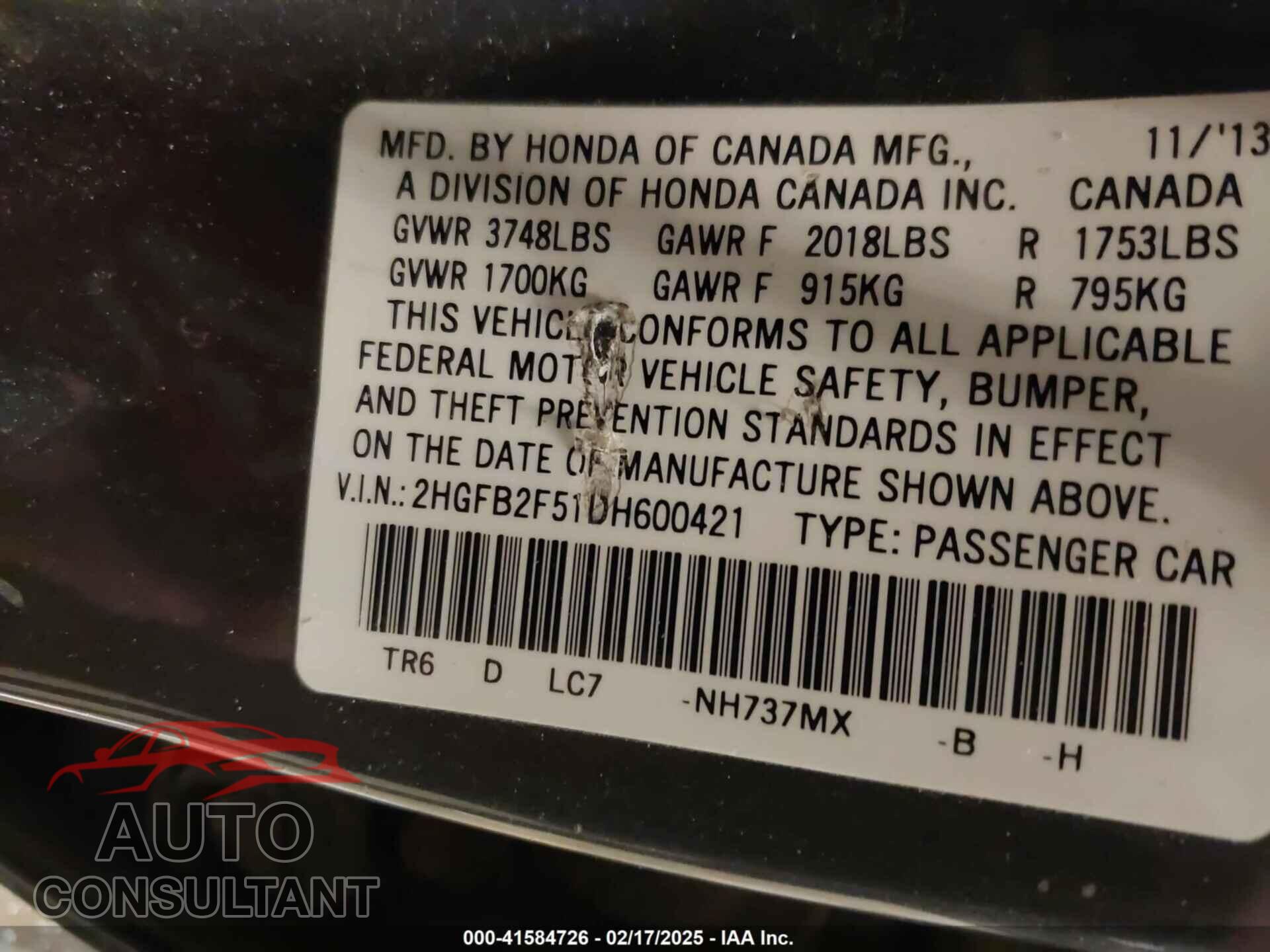 HONDA CIVIC 2013 - 2HGFB2F51DH600421
