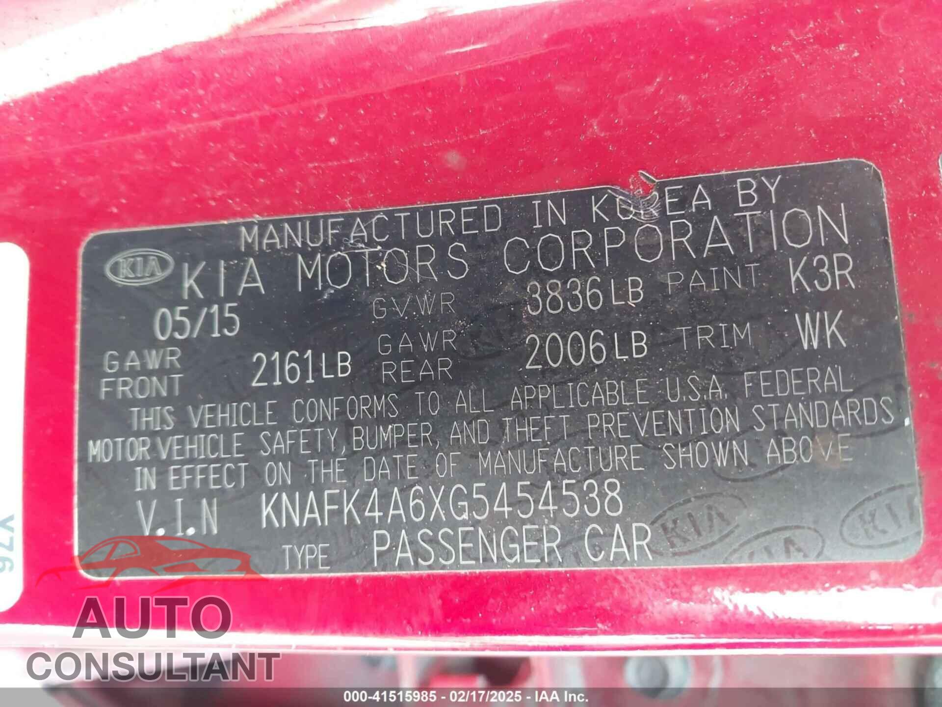KIA FORTE 2016 - KNAFK4A6XG5454538