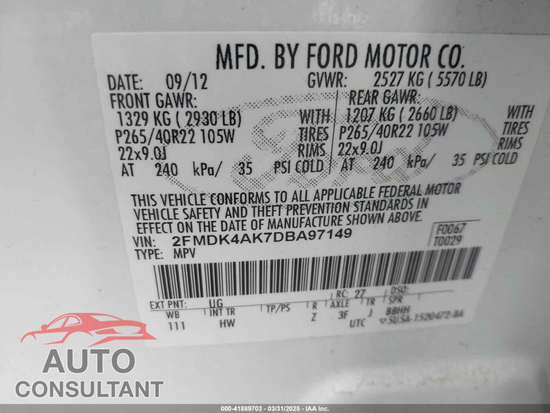 FORD EDGE 2013 - 2FMDK4AK7DBA97149