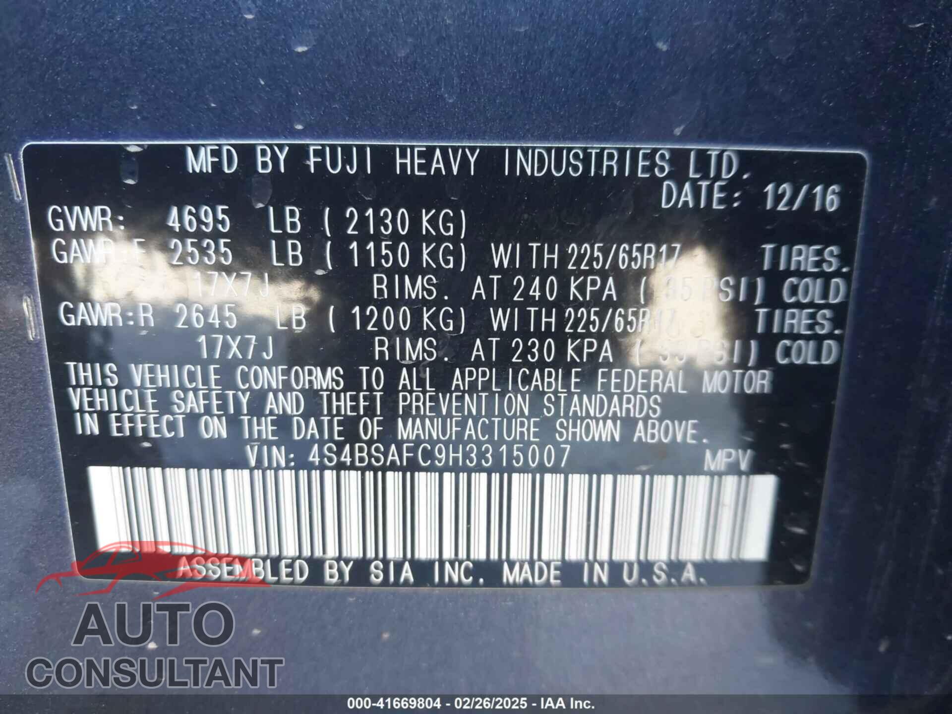 SUBARU OUTBACK 2017 - 4S4BSAFC9H3315007