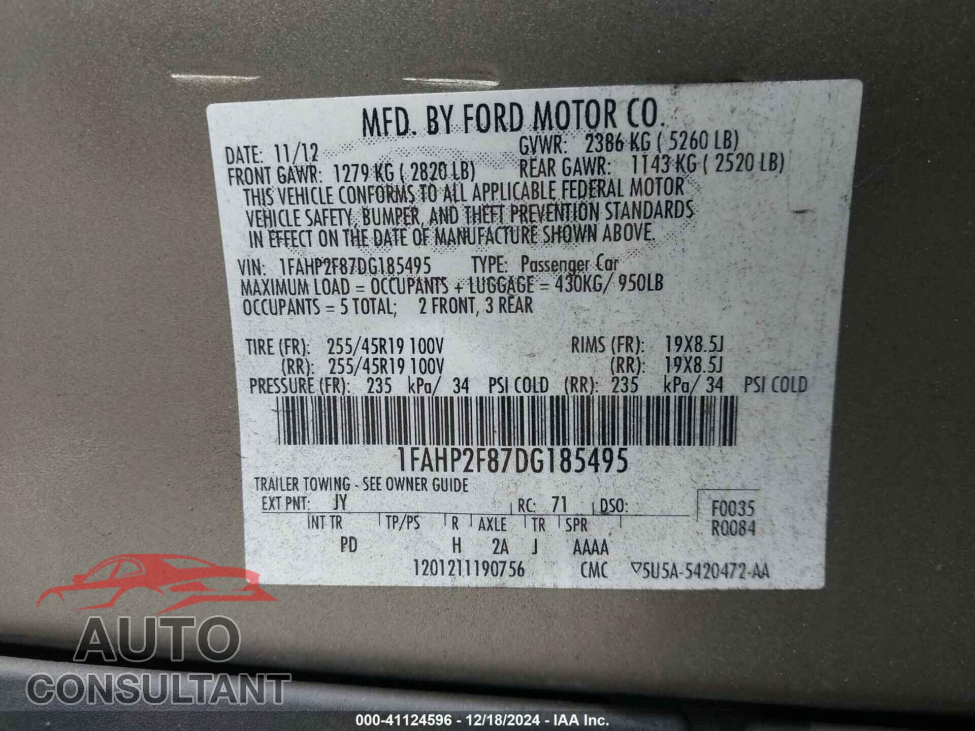 FORD TAURUS 2013 - 1FAHP2F87DG185495