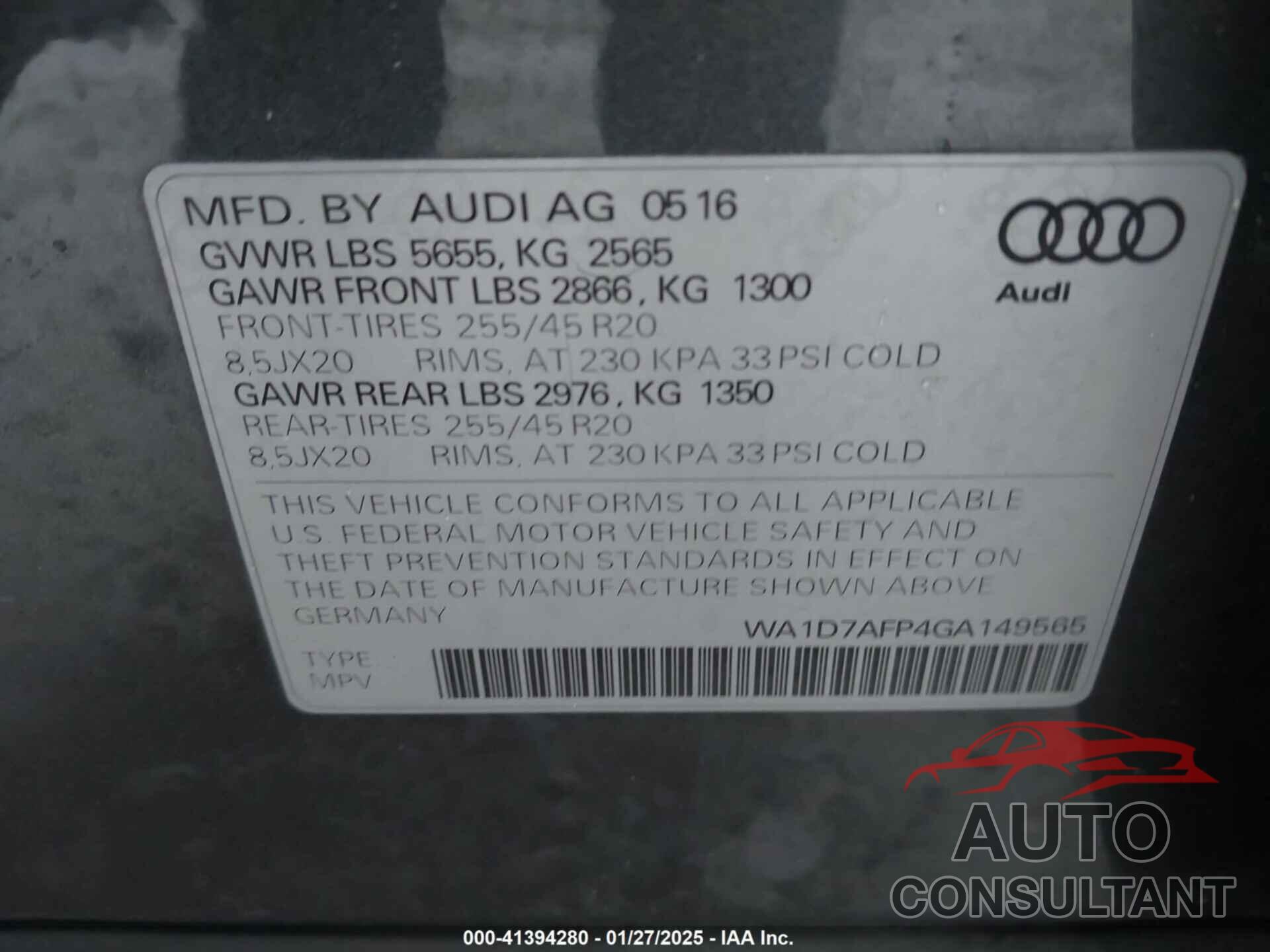 AUDI Q5 2016 - WA1D7AFP4GA149565