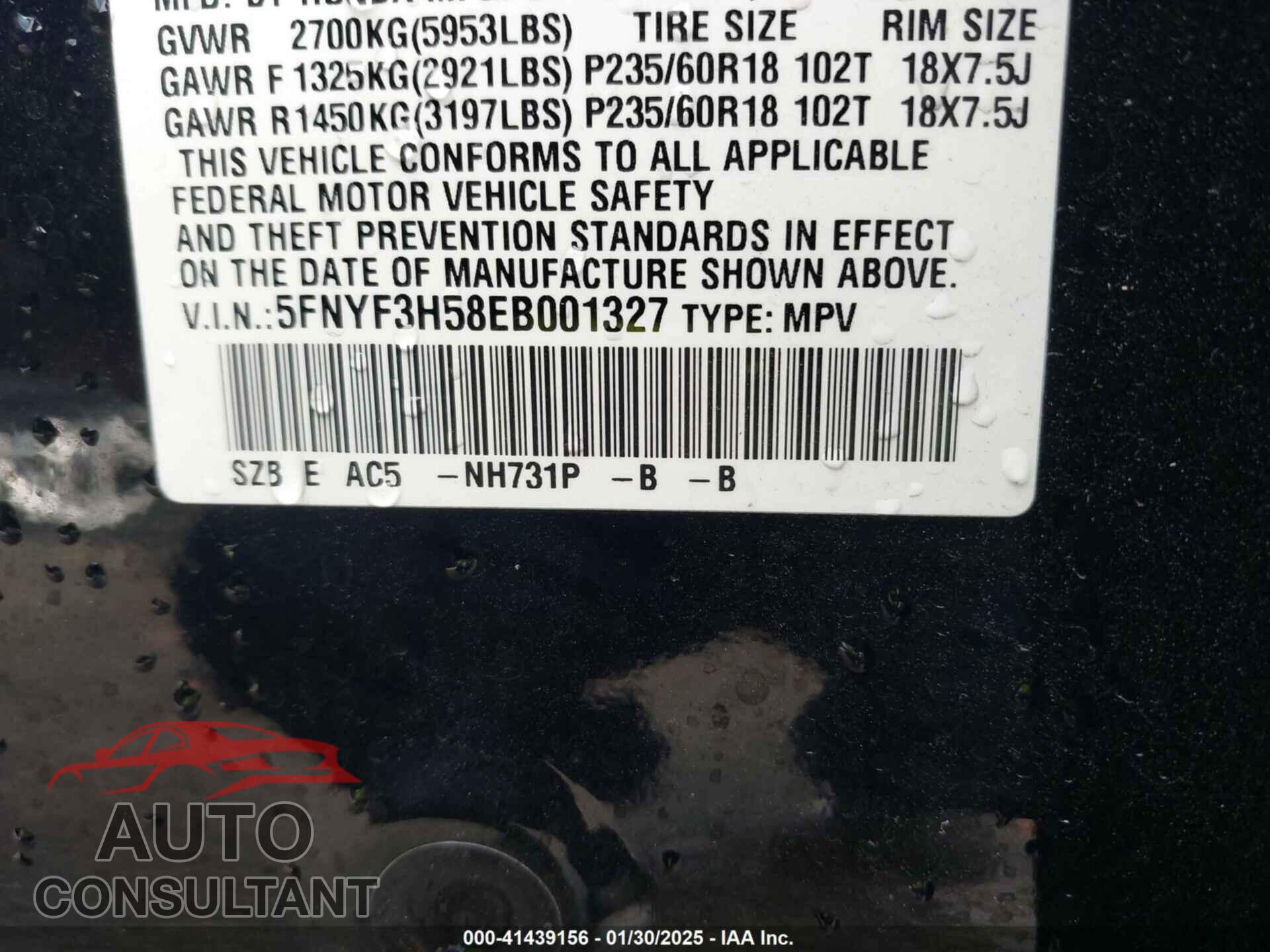 HONDA PILOT 2014 - 5FNYF3H58EB001327