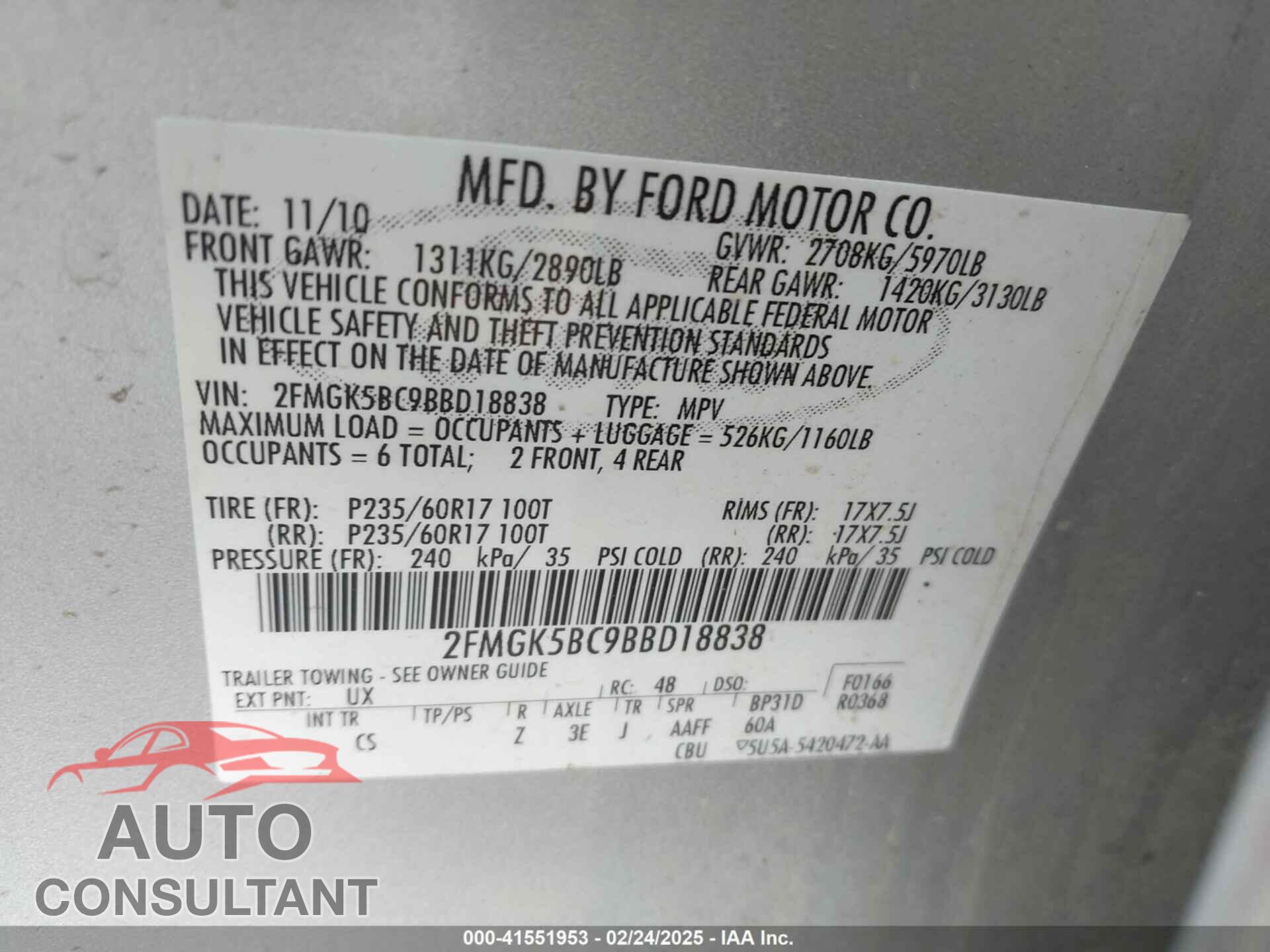 FORD FLEX 2011 - 2FMGK5BC9BBD18838