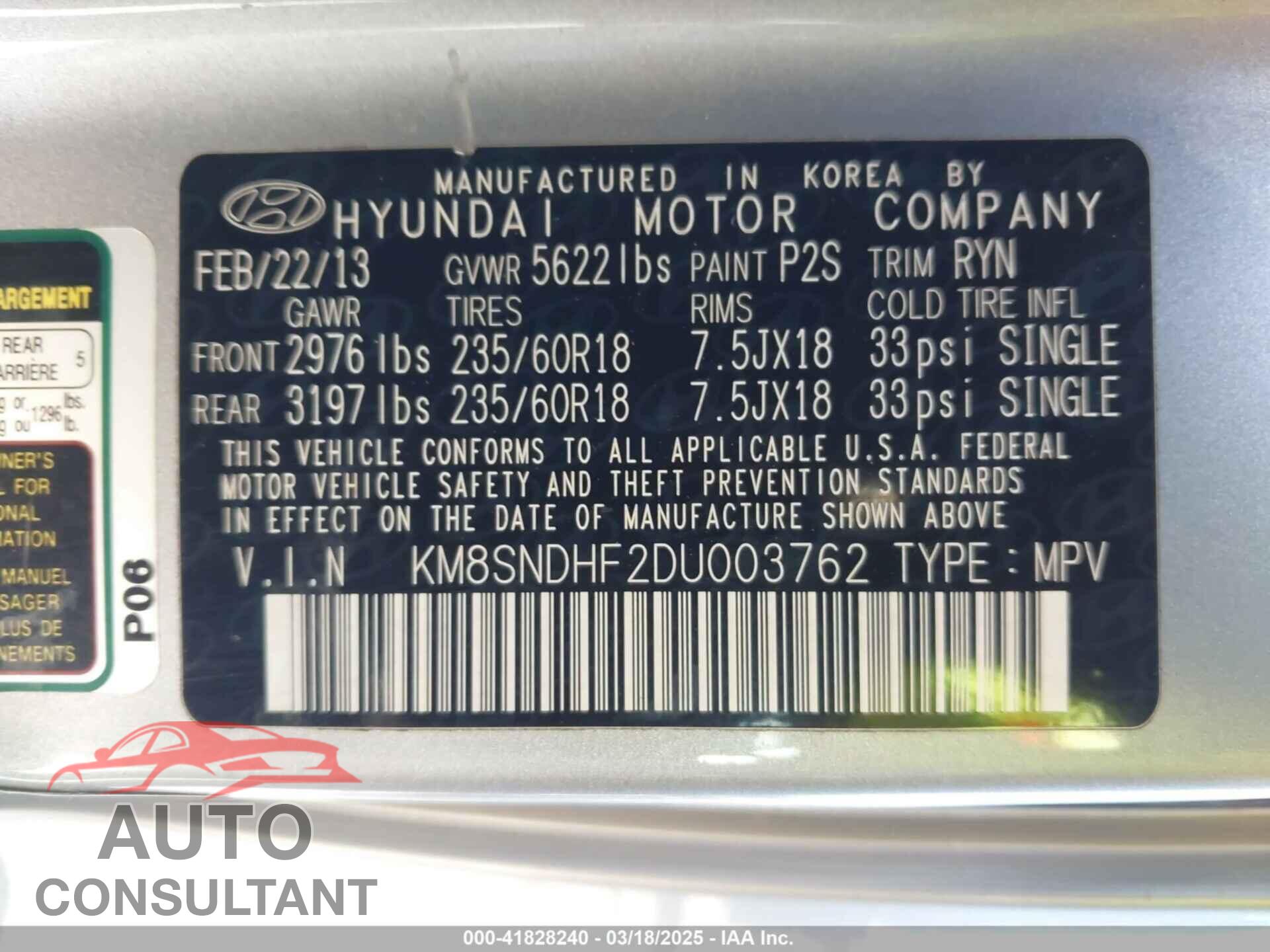HYUNDAI SANTA FE 2013 - KM8SNDHF2DU003762