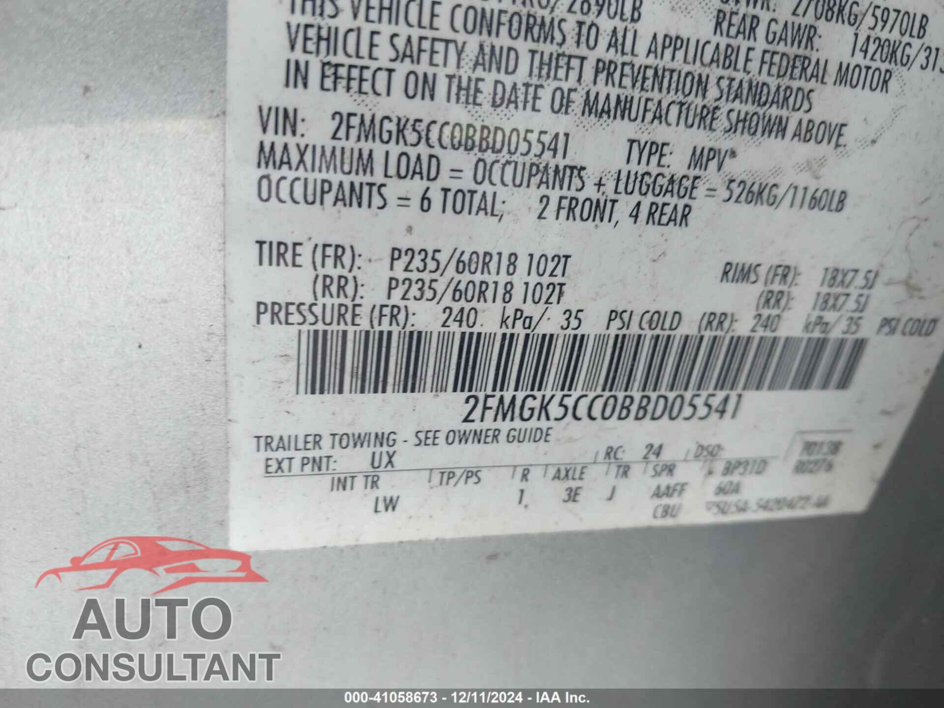 FORD FLEX 2011 - 2FMGK5CC0BBD05541
