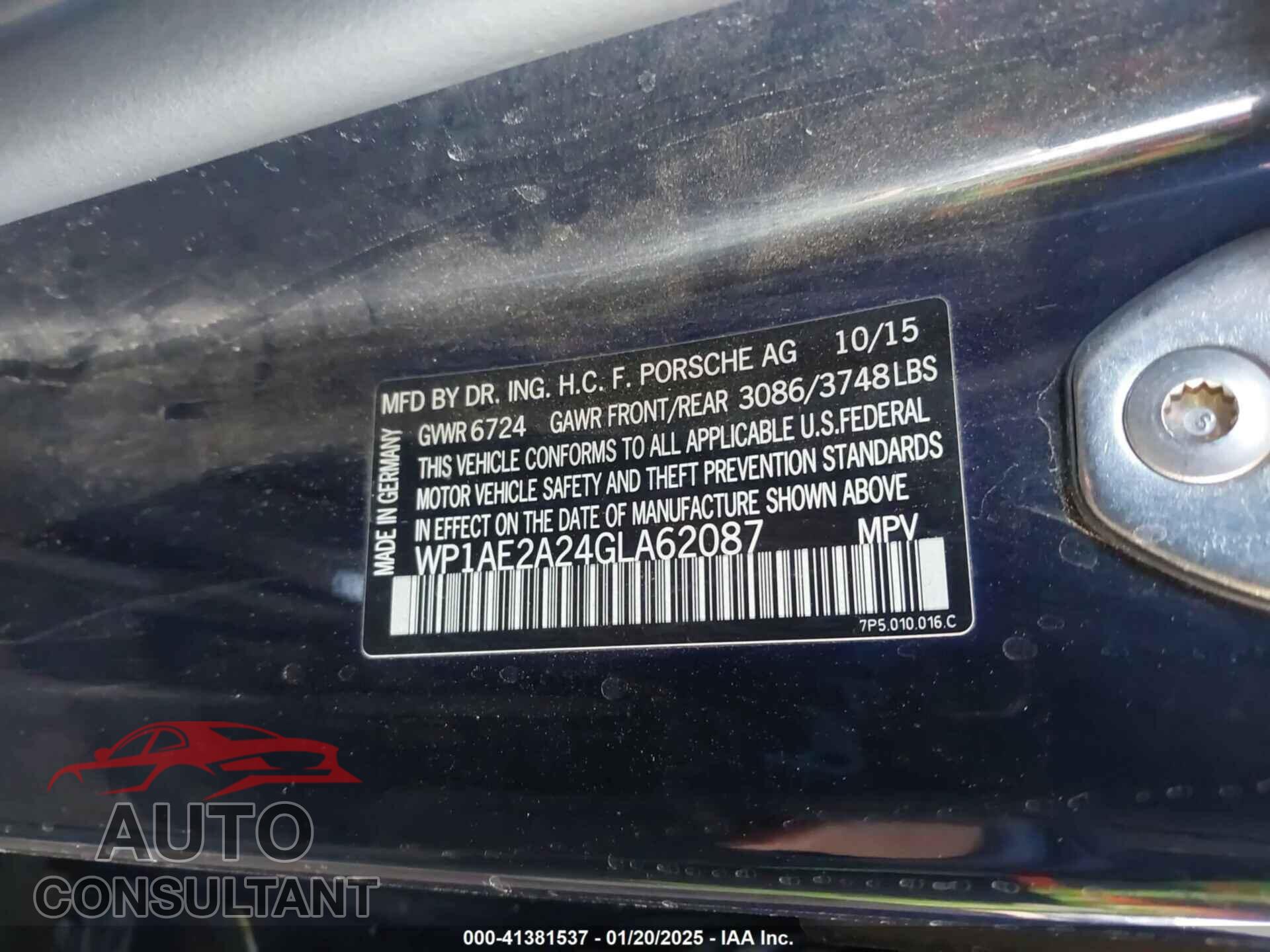 PORSCHE CAYENNE E-HYBRID 2016 - WP1AE2A24GLA62087