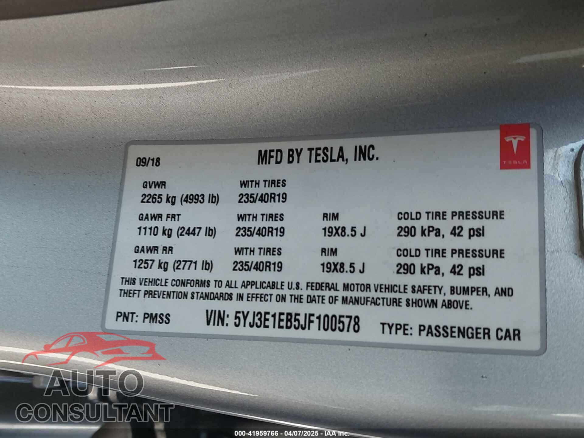 TESLA MODEL 3 2018 - 5YJ3E1EB5JF100578