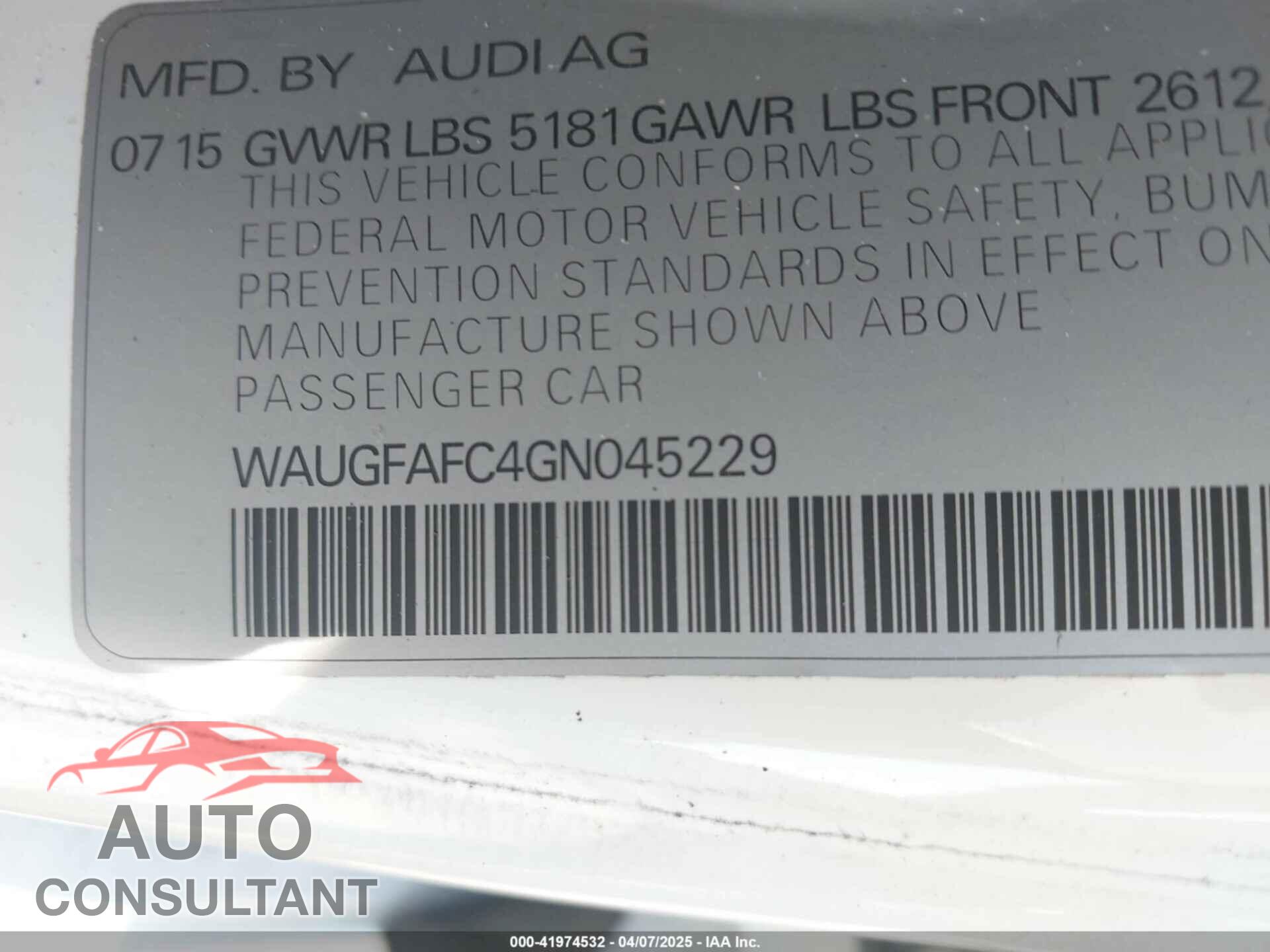 AUDI A6 2016 - WAUGFAFC4GN045229