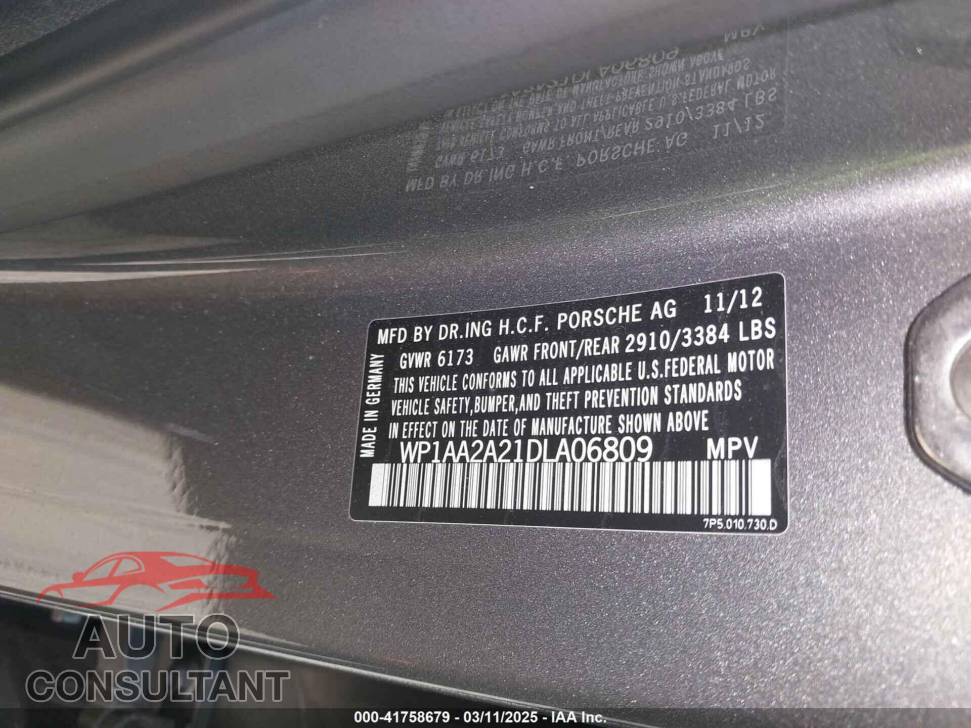 PORSCHE CAYENNE 2013 - WP1AA2A21DLA06809