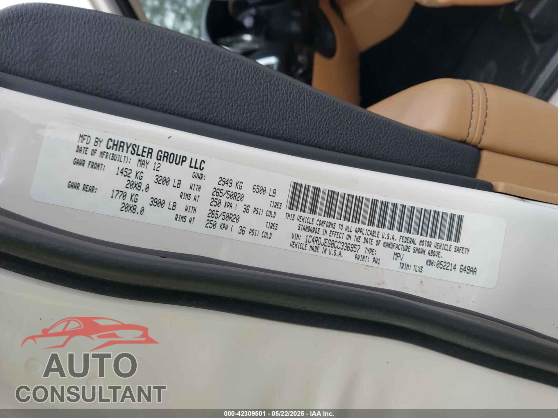 DODGE DURANGO 2012 - 1C4RDJEG8CC336957