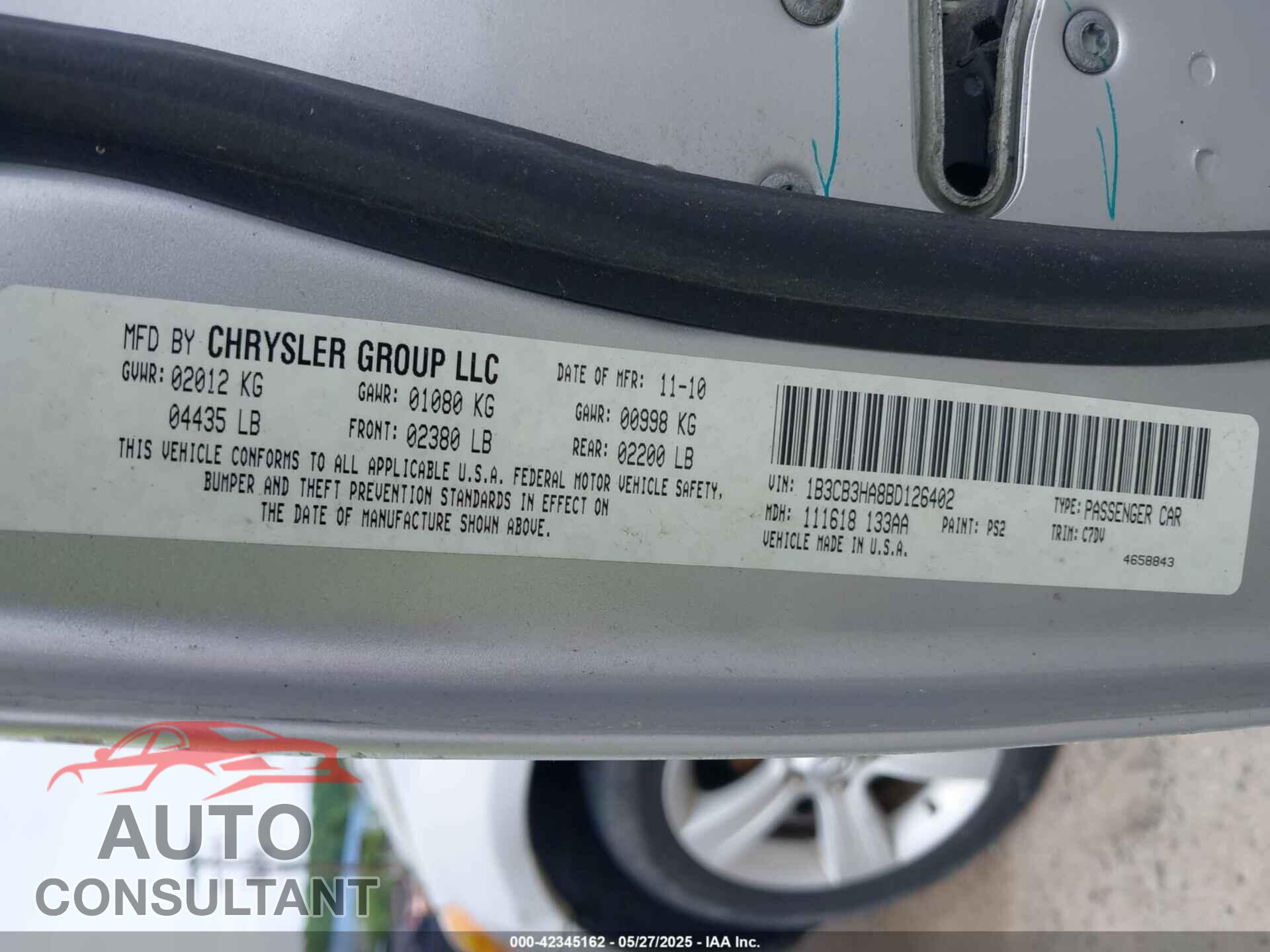 DODGE CALIBER 2011 - 1B3CB3HA8BD126402