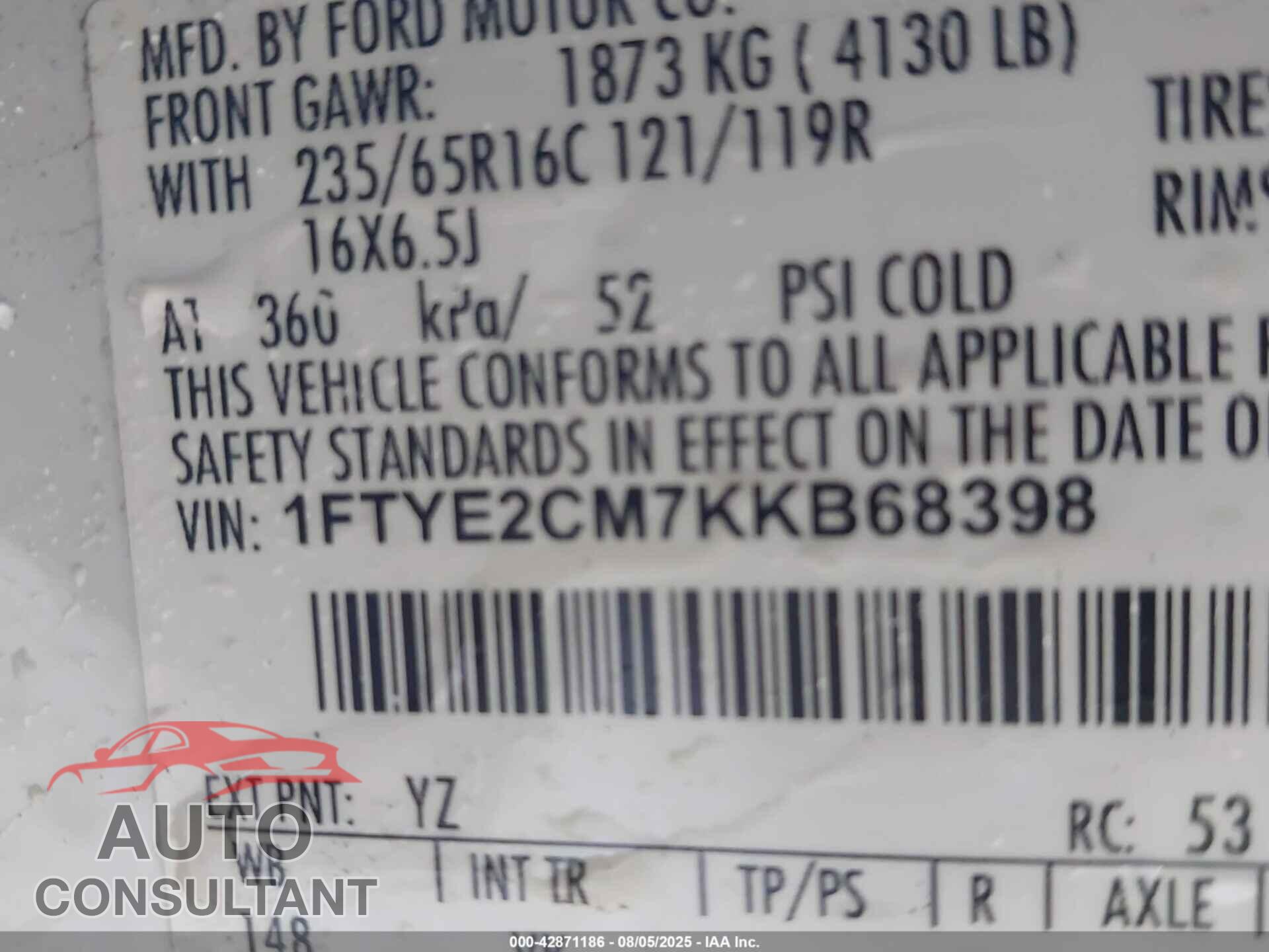 FORD TRANSIT-150 2019 - 1FTYE2CM7KKB68398