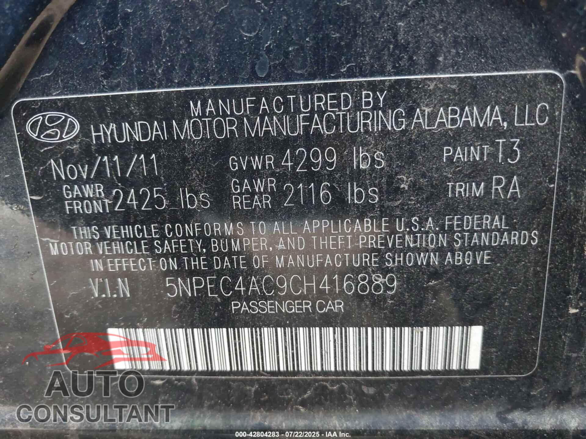 HYUNDAI SONATA 2012 - 5NPEC4AC9CH416889