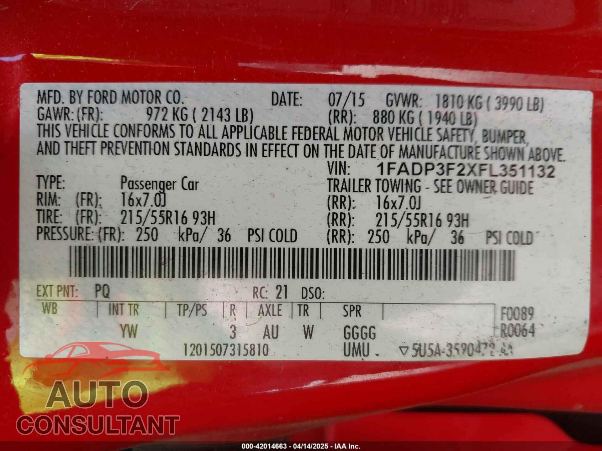 FORD FOCUS 2015 - 1FADP3F2XFL351132