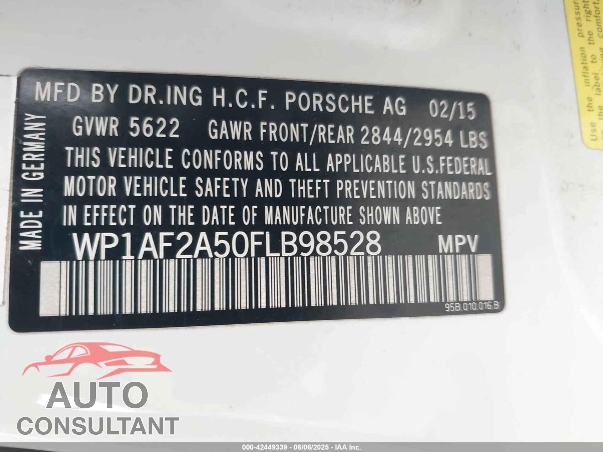 PORSCHE MACAN 2015 - WP1AF2A50FLB98528