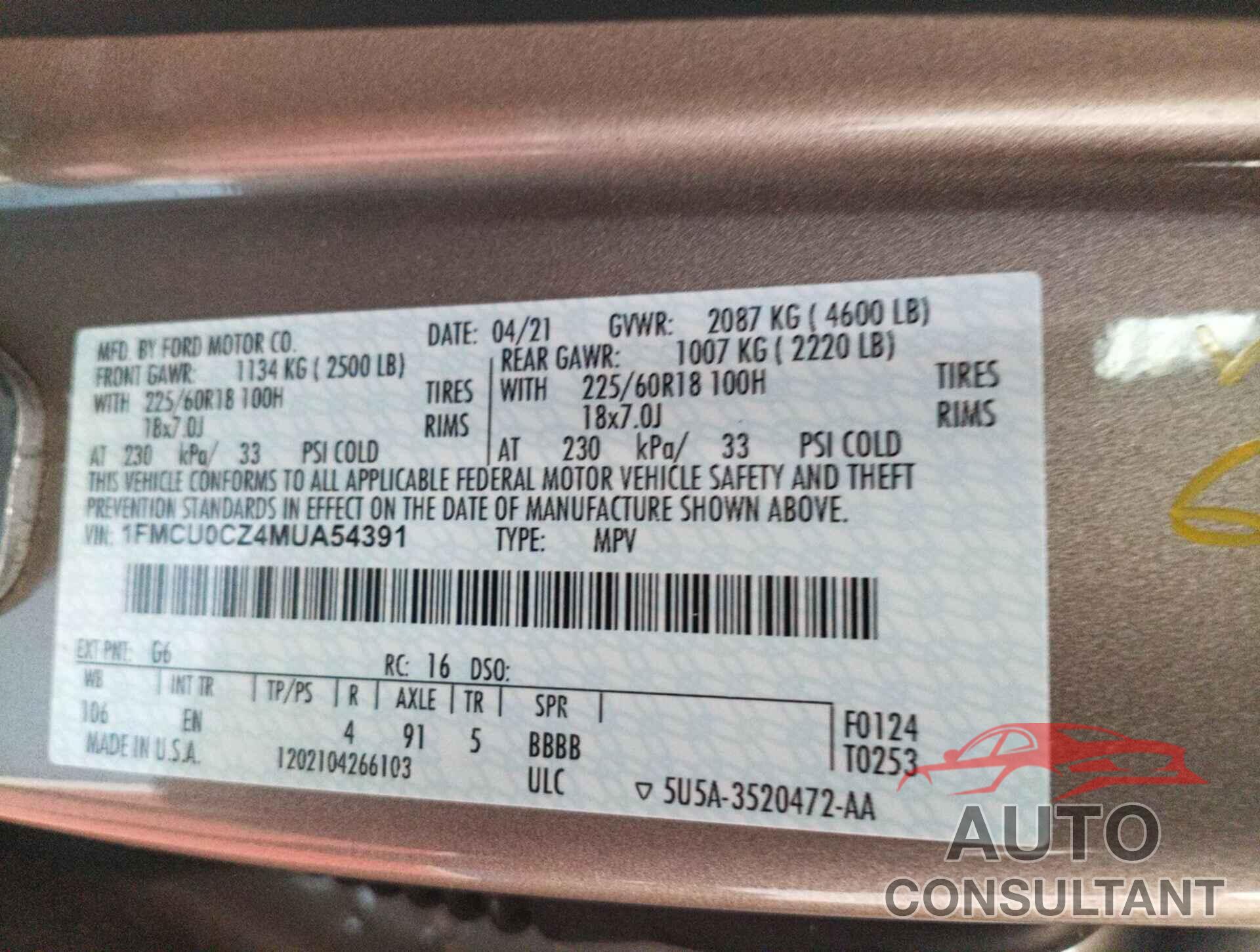 FORD ESCAPE 2021 - 1FMCU0CZ4MUA54391