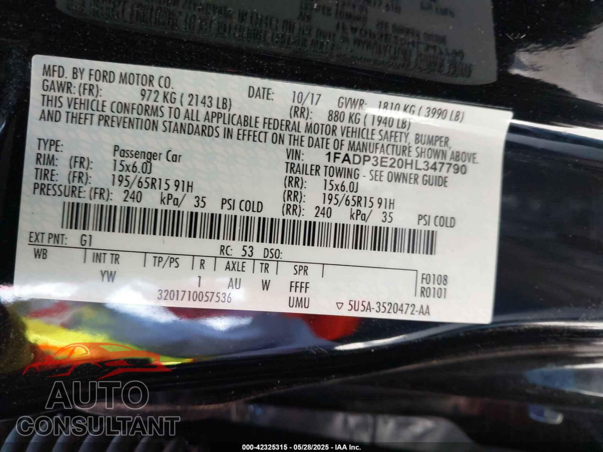 FORD FOCUS 2017 - 1FADP3E20HL347790