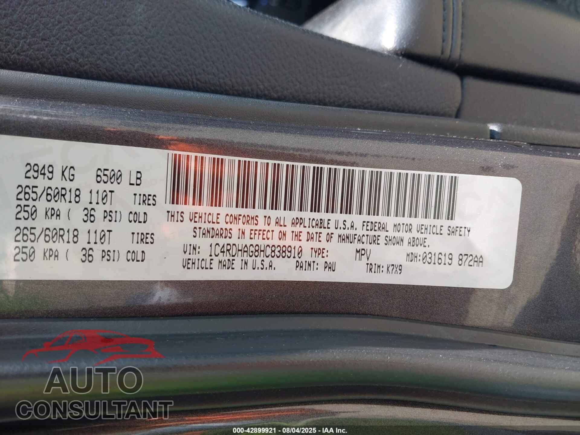 DODGE DURANGO 2017 - 1C4RDHAG8HC838910