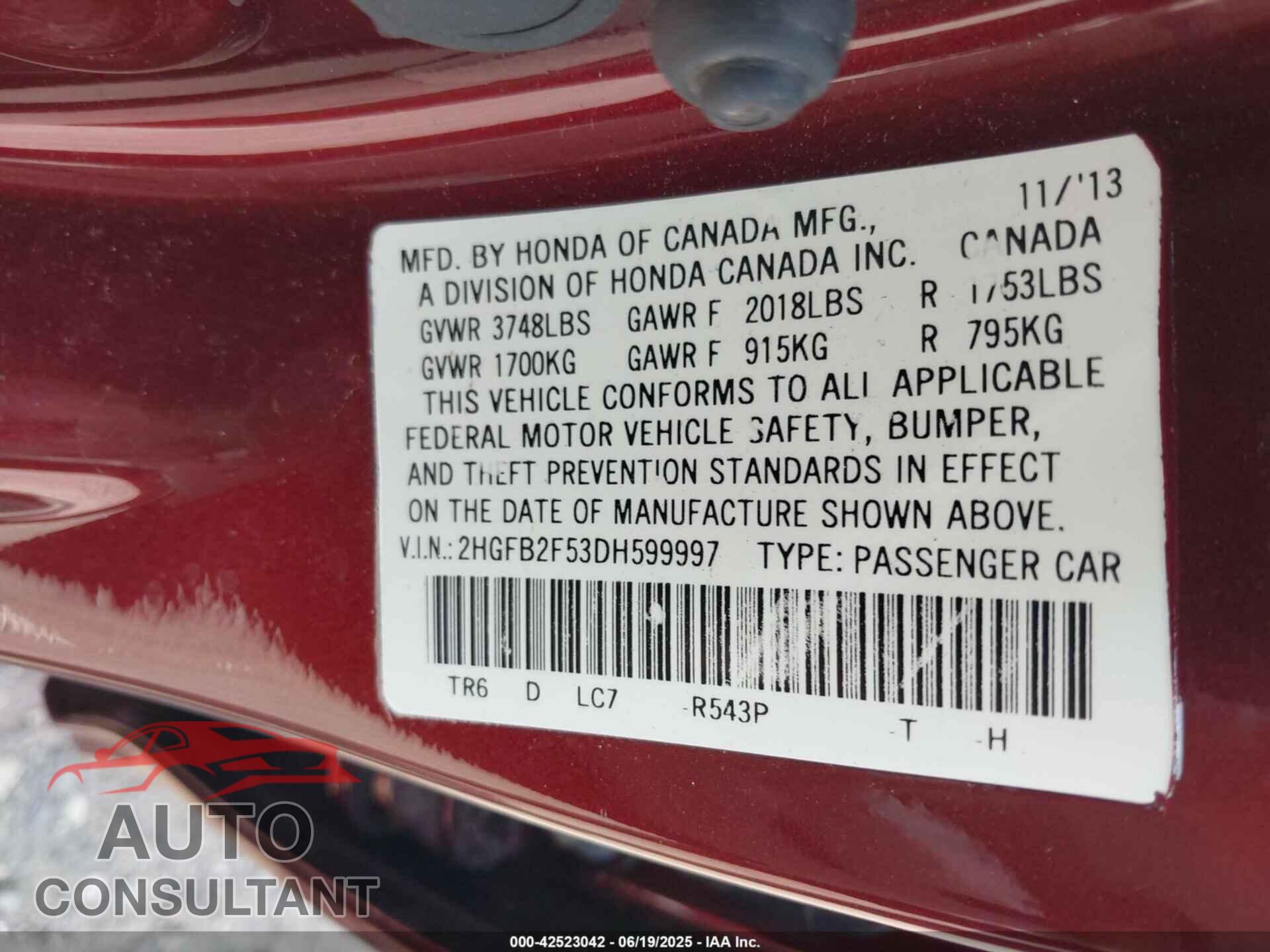 HONDA CIVIC 2013 - 2HGFB2F53DH599997