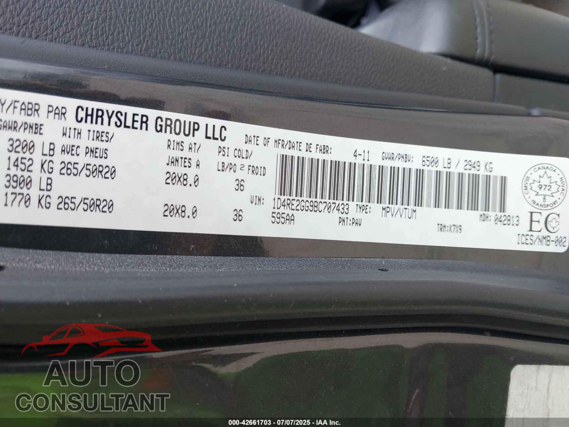 DODGE DURANGO 2011 - 1D4RE2GG9BC707433