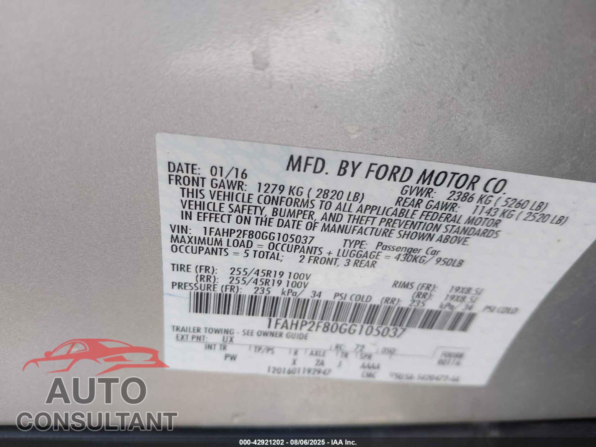 FORD TAURUS 2016 - 1FAHP2F80GG105037