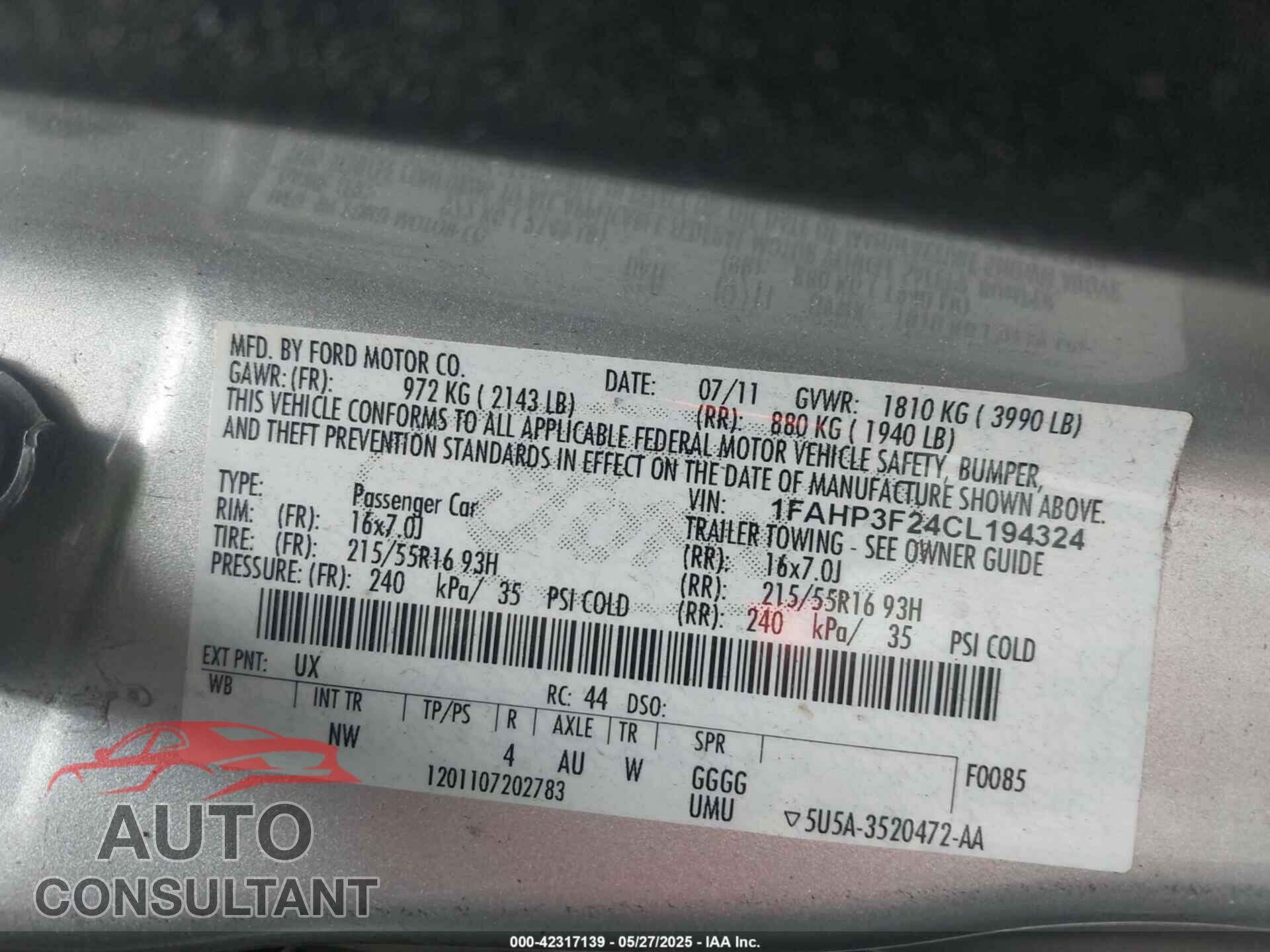 FORD FOCUS 2012 - 1FAHP3F24CL194324