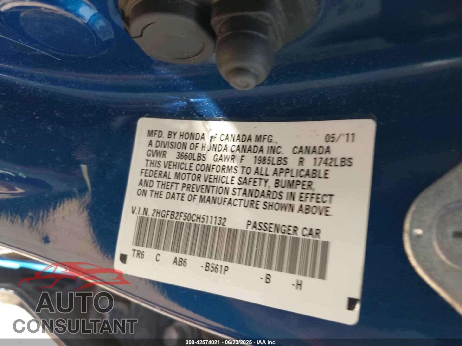 HONDA CIVIC 2012 - 2HGFB2F50CH511132