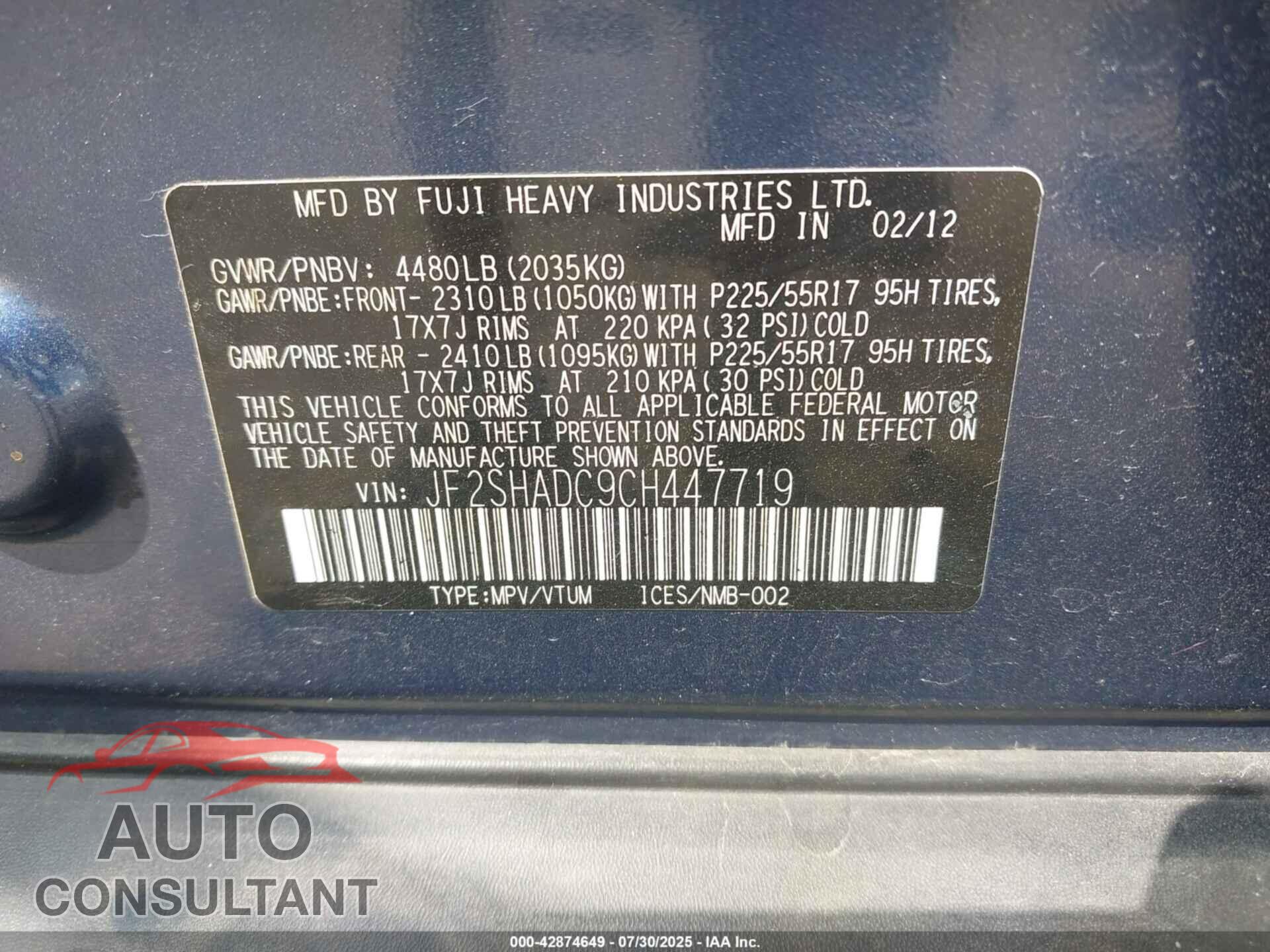 SUBARU FORESTER 2012 - JF2SHADC9CH447719