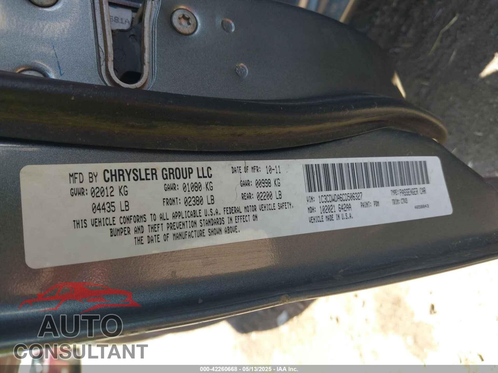DODGE CALIBER 2012 - 1C3CDWDA6CD506327