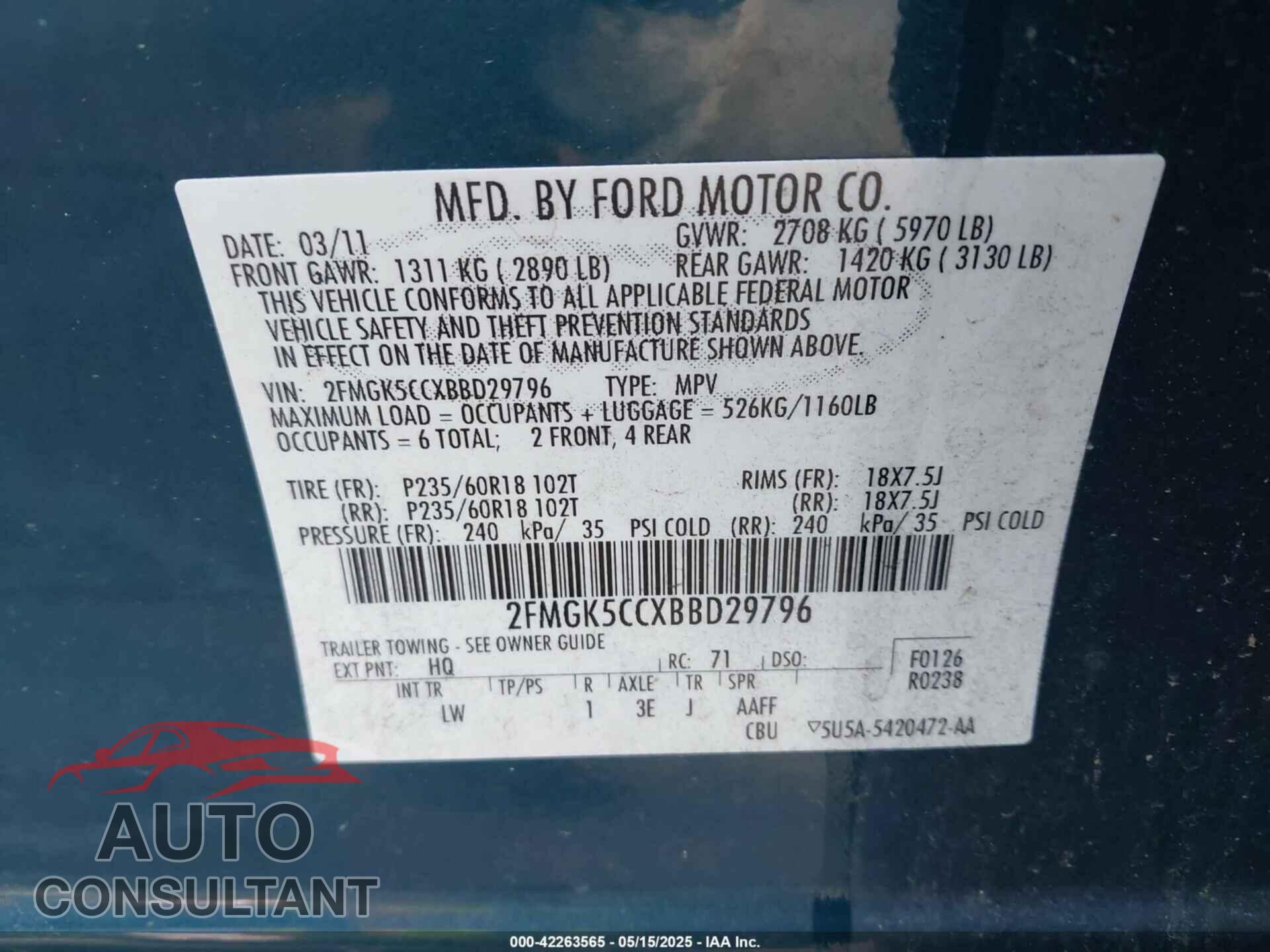 FORD FLEX 2011 - 2FMGK5CCXBBD29796