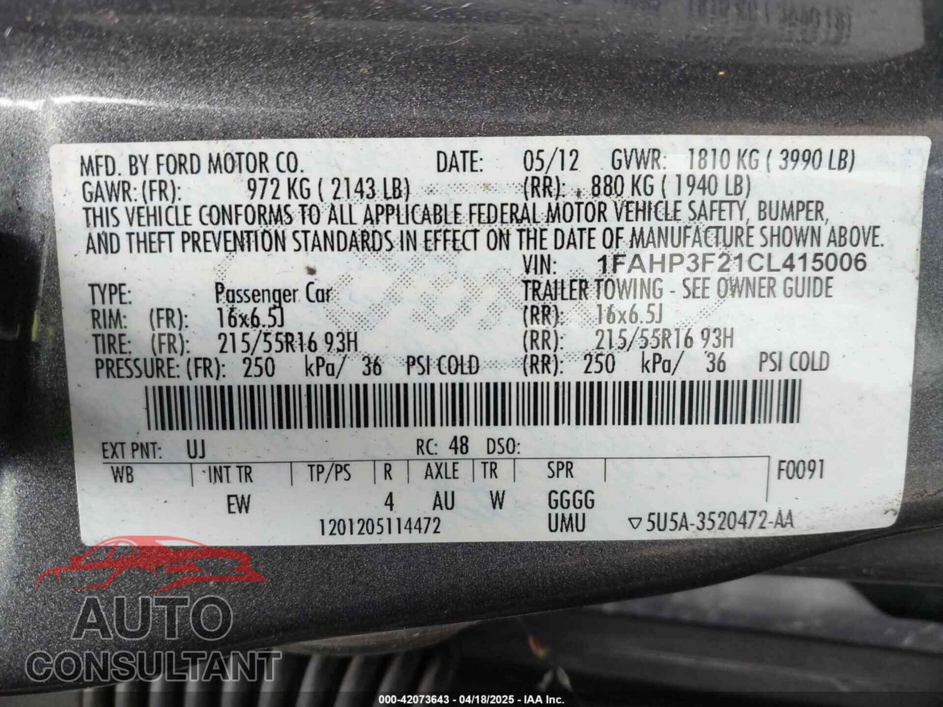 FORD FOCUS 2012 - 1FAHP3F21CL415006